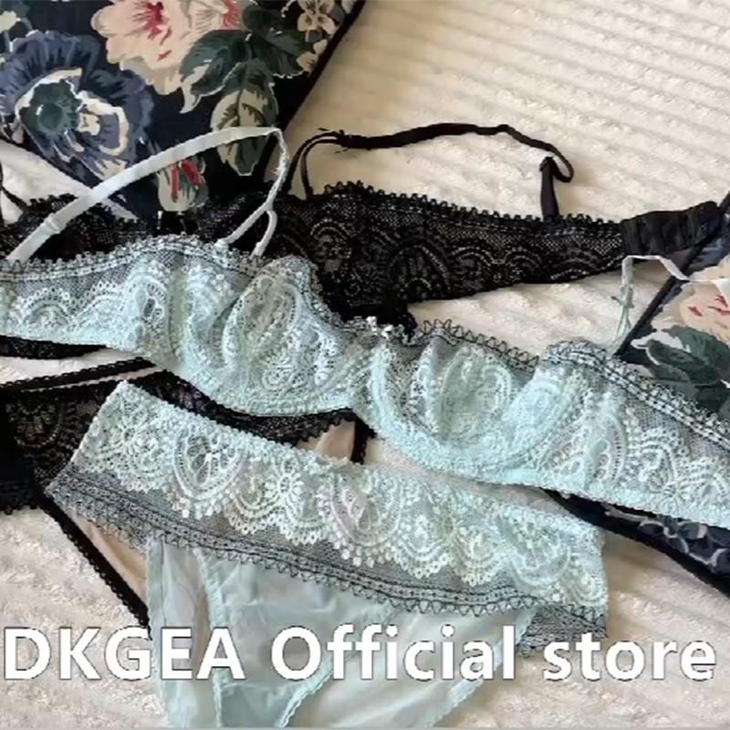 DKGEA Sexy Bra Set 1/2 Cup Transparent Embroidery Lace Underwear Set Women