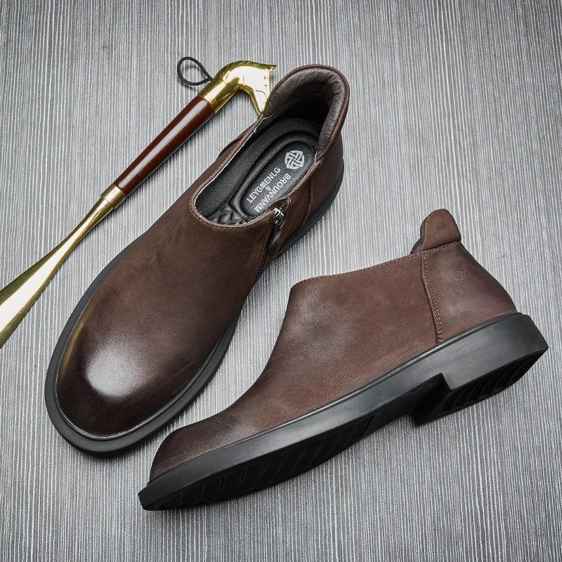 Soft-soled Retro Chelsea Boots Cowhide Martin Boots Men's Medium Help British Versatile Leather Tooling Boots Men's Short Boots