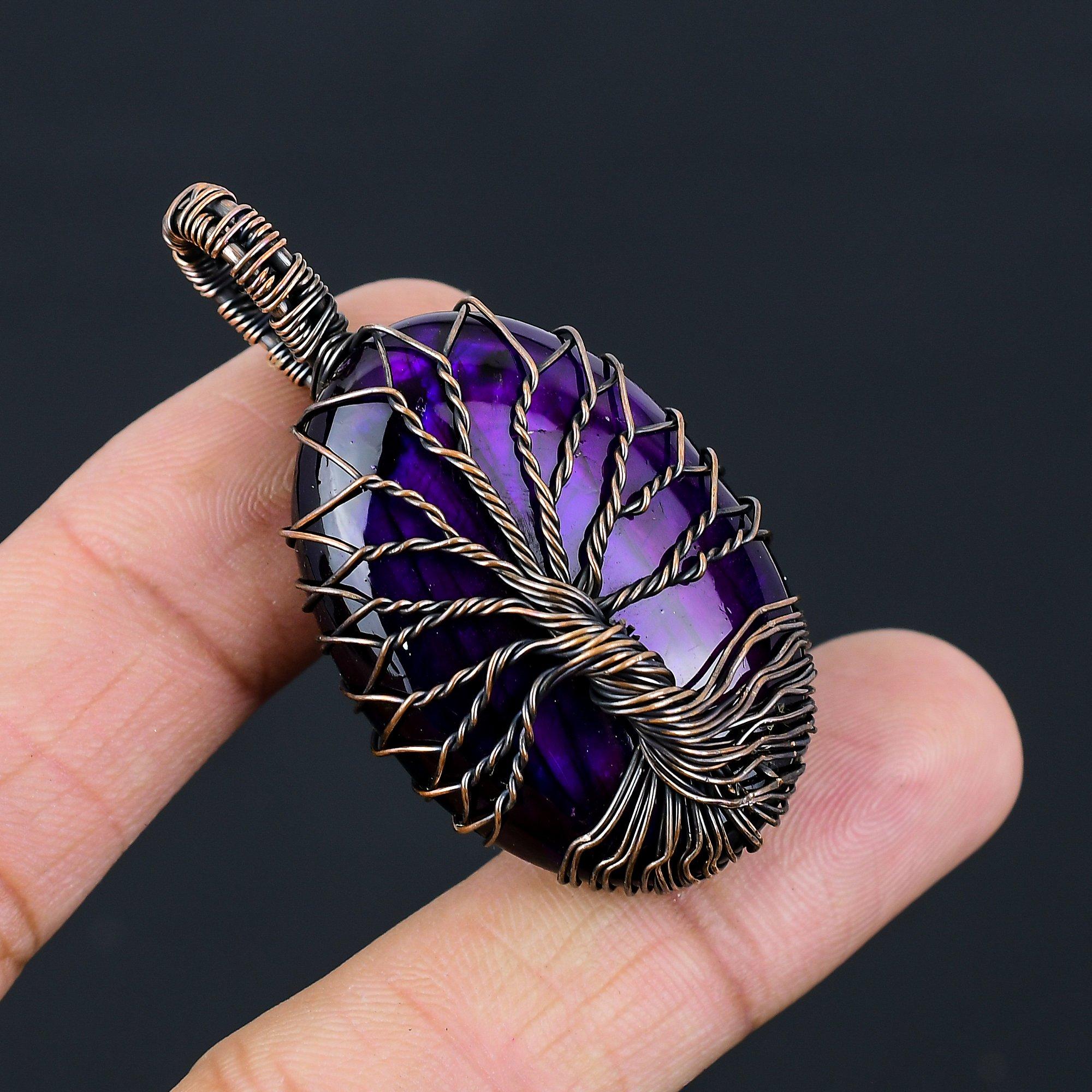 Древо Жизни Фиолетовый Флэш Лабрадорит Драгоценный Камень Чистая Медная Проволока Обернутая Ювелирные Изделия Ручной Работы Подвеска