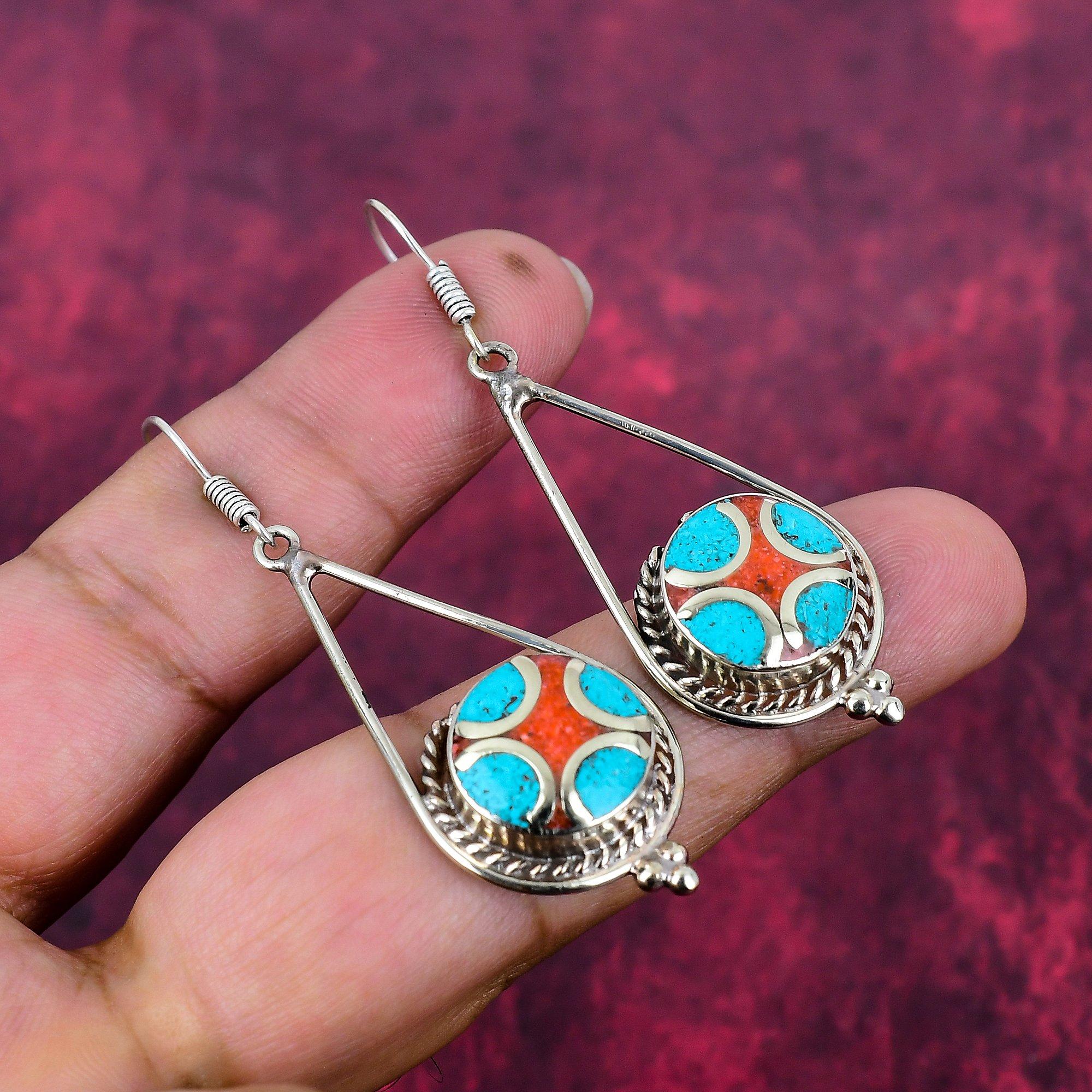 Серьги с бирюзой, кораллом, лазуритом, ювелирные изделия из драгоценных камней, серьги из чистого стерлингового серебра 925 пробы, ручная работа, подарок на день рождения, украшения