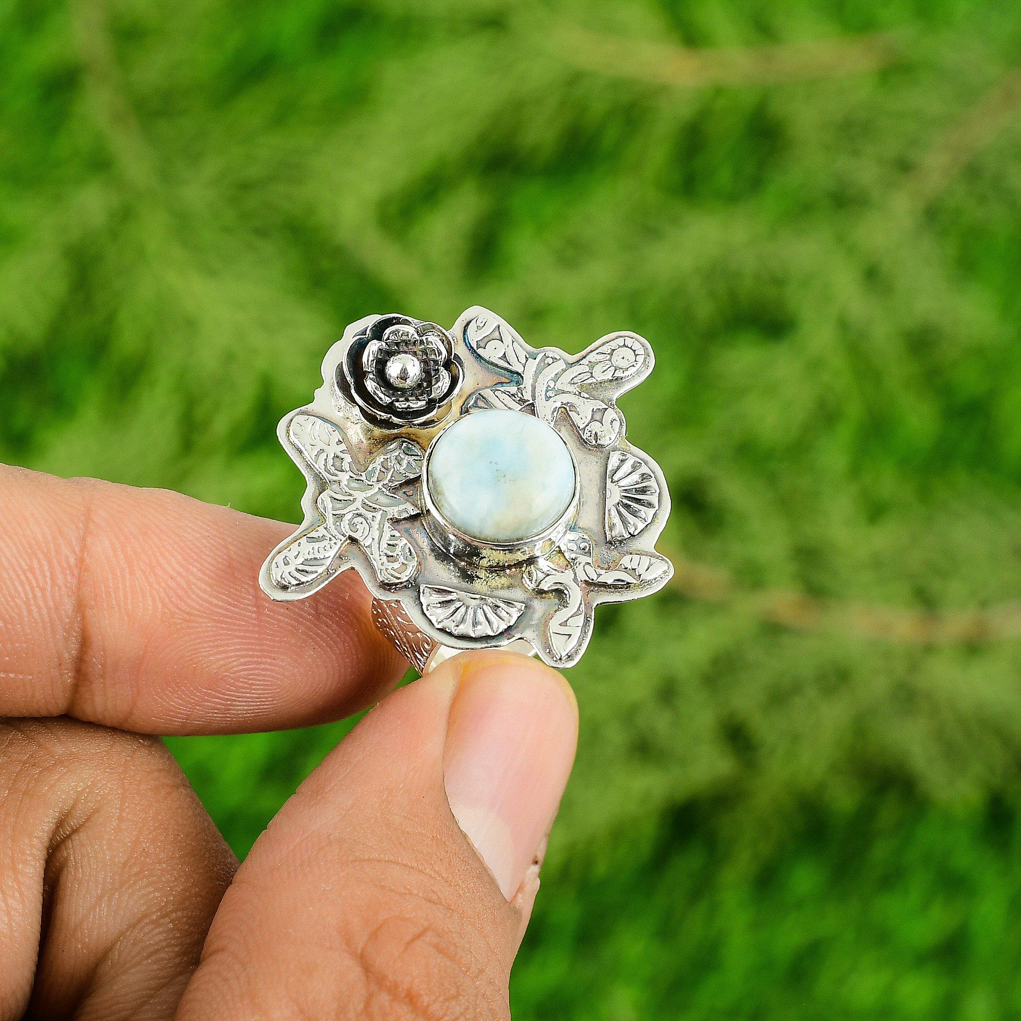 Round Larimar Stone Sterling Silver Promise Anniversary Flower Statement Ring