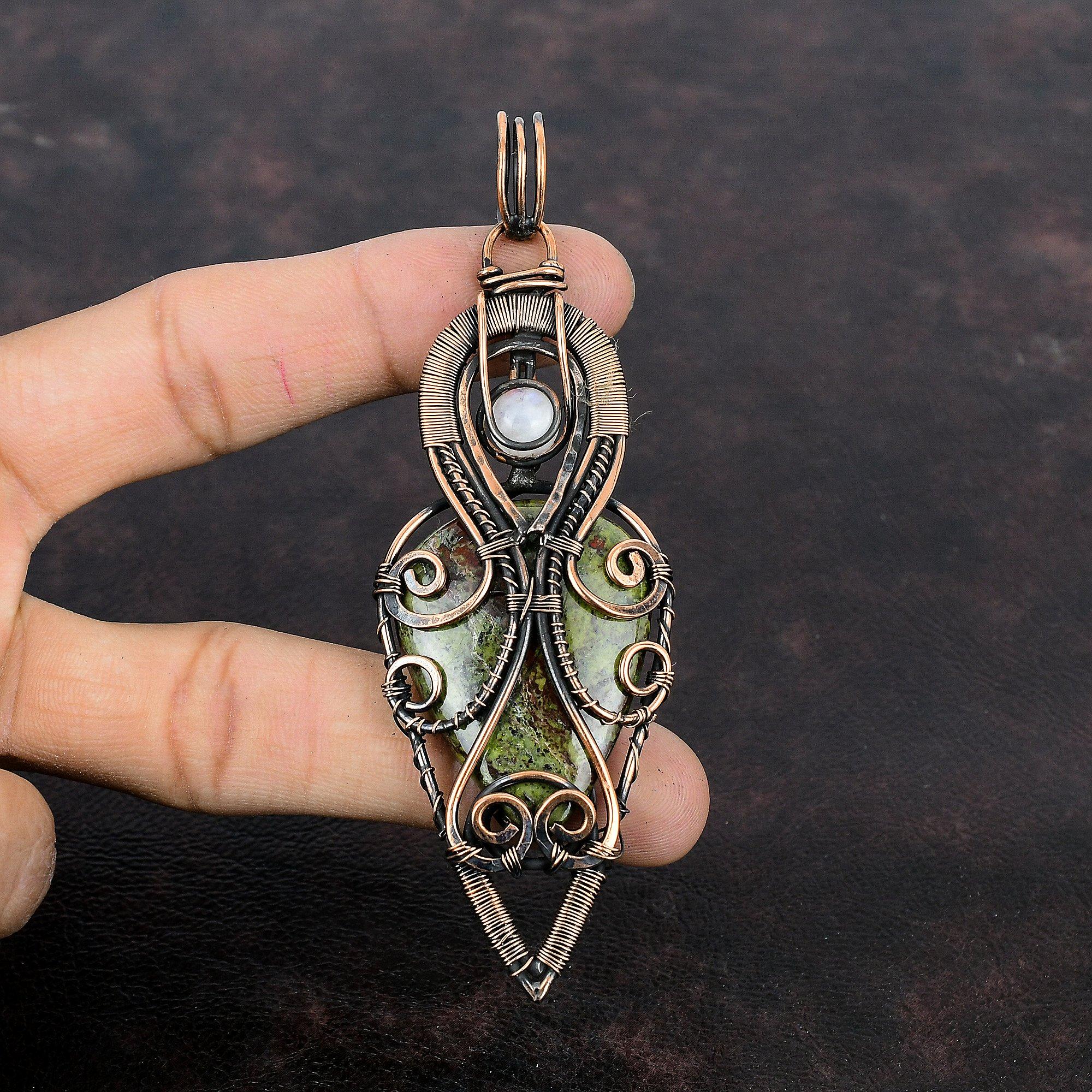 Подвеска из драконьего кровавого камня, медная проволочная обертка, кулон из радужного лунного камня, медная проволочная обертка, ювелирные изделия ручной работы, подвеска из драгоценного камня для подарка