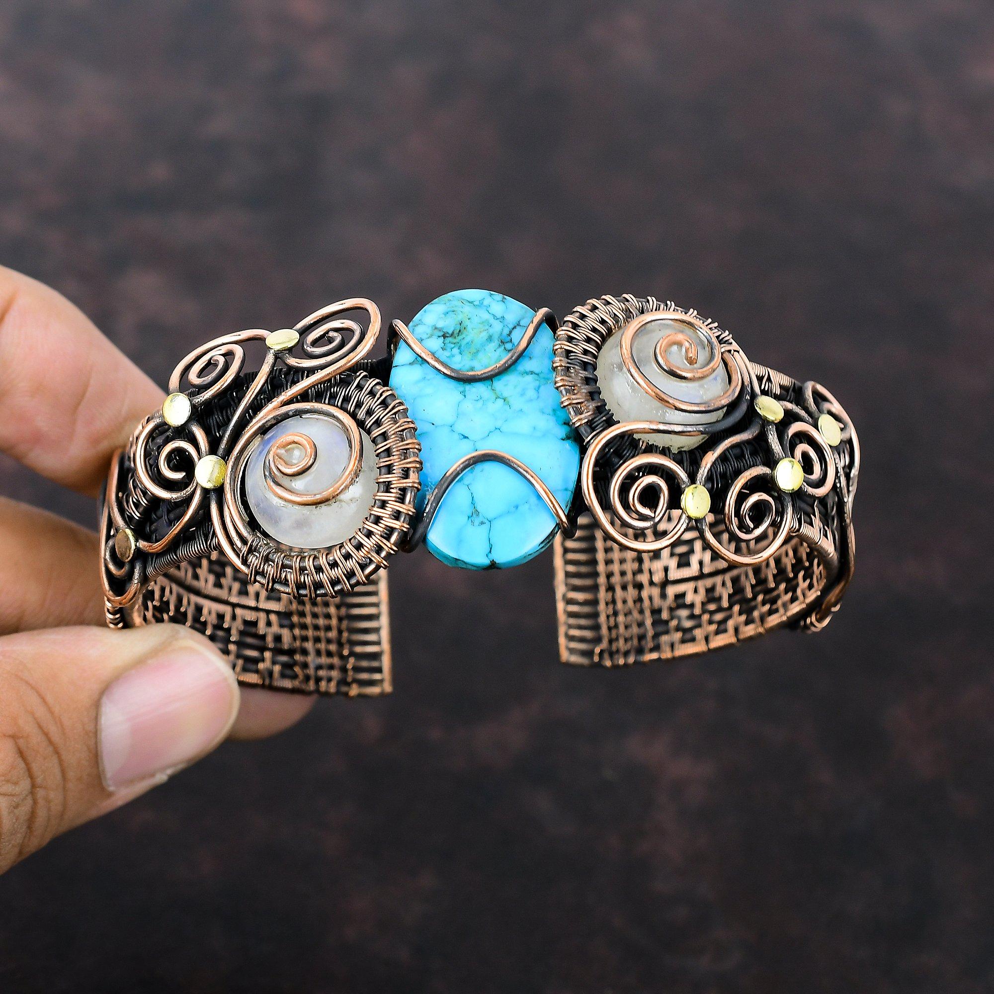Браслет-манжета из тибетской бирюзы, браслет-манжета из медной проволоки с драгоценными камнями, браслет-манжета из лунного камня, ювелирные изделия ручной работы из меди, регулируемый браслет, подарок на помолвку