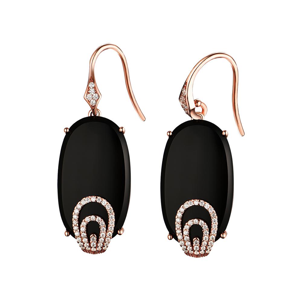 Bolaijewelry Длинные серьги Vogue с крючком, натуральный черный агат, оникс, стерлинговое серебро 925 пробы, розовое золото, 26,4 карата, серьги для подарка женщине