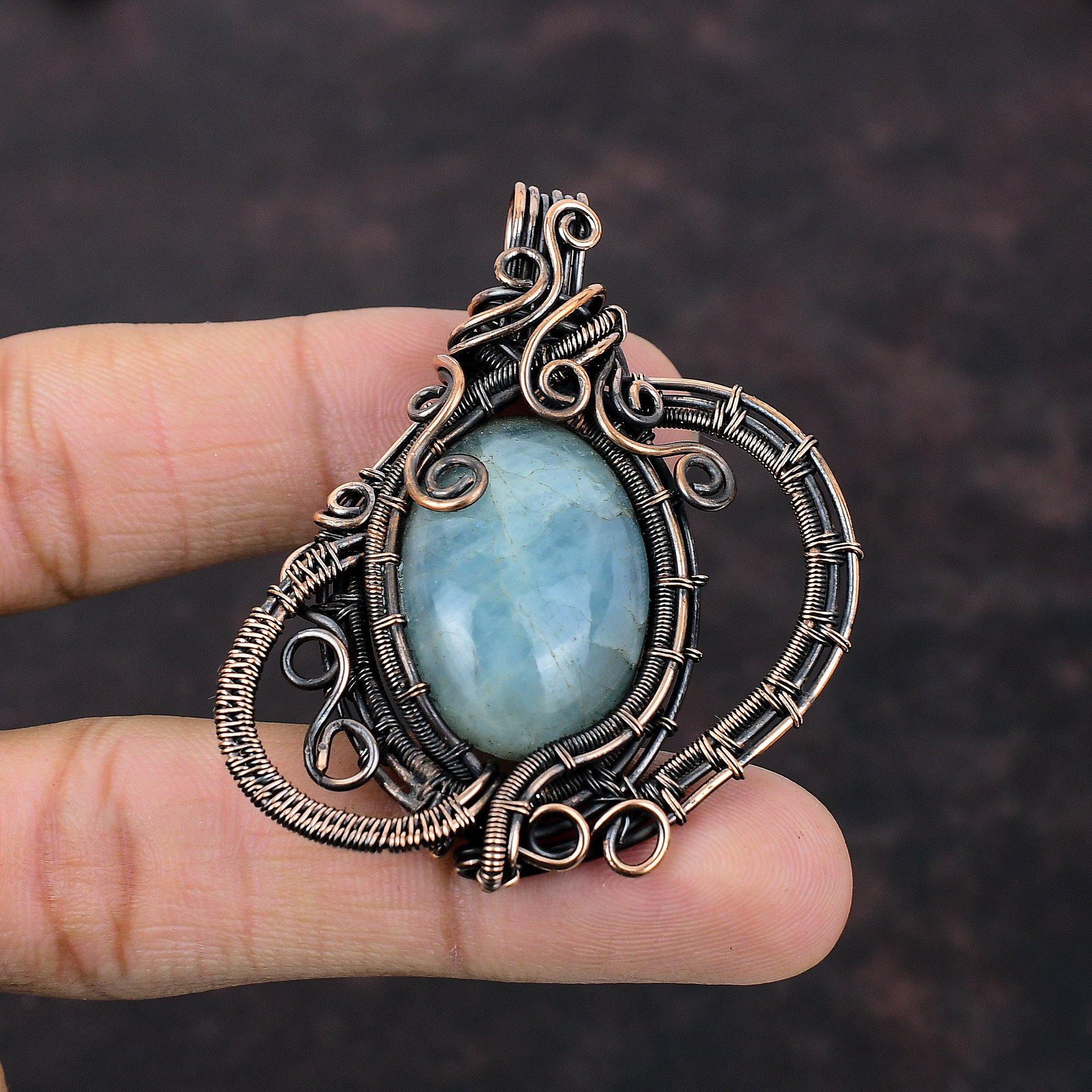 Аквамариновый кулон, медная проволока, кулон, кулон ручной работы, медные ювелирные изделия, подарок для мамы, натуральный драгоценный камень, кулон, проволочные украшения