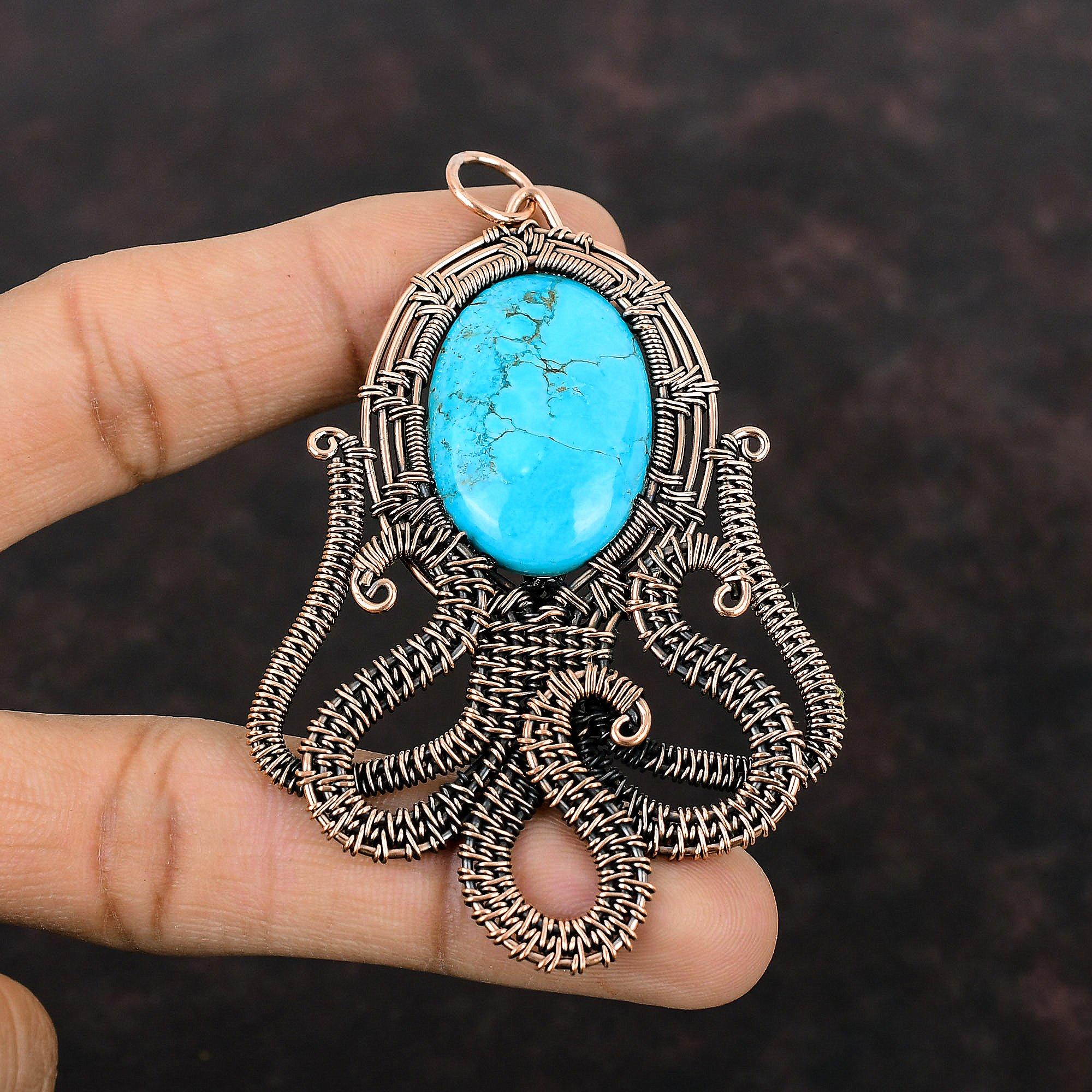 Tibetan Turquoise Pendant Copper Wire Wrapped Pendant Dainty Copper Jewelry Handmade Octopus Pendant Gift For Her Wire Wrap Gemstone Jewelry