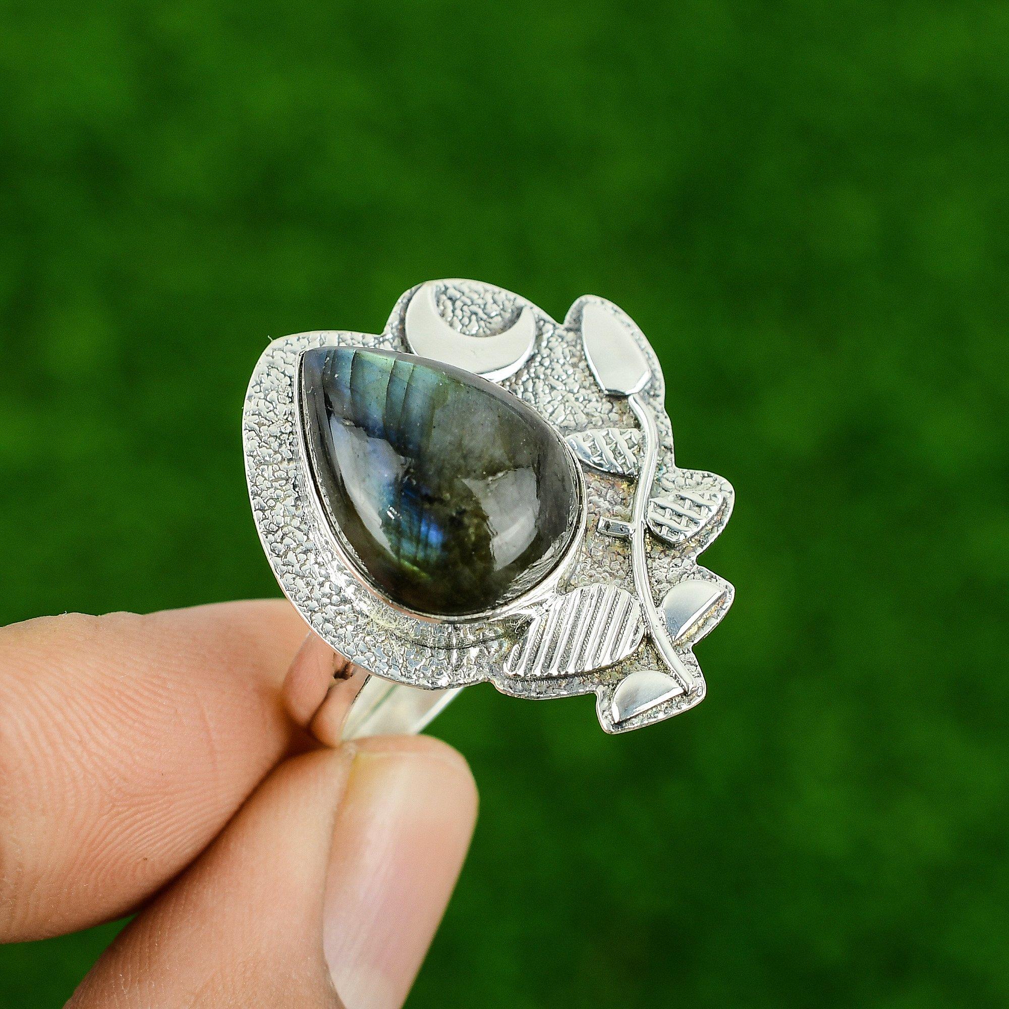Серебро 925 пробы Груша Натуральный Лабрадорит Ручной работы Кольцо Обещания в виде Полумесяца