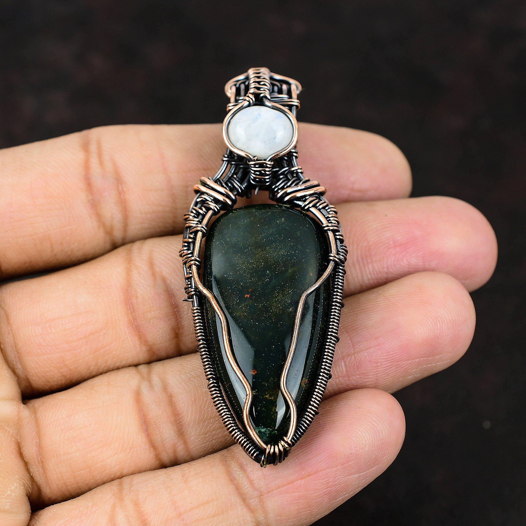 Подвеска из меди с драгоценным камнем-кровавым камнем, обернутая медной проволокой, ювелирное изделие ручной работы, подвеска из проволоки с радужным лунным камнем, подарок для нее, дизайнерские украшения