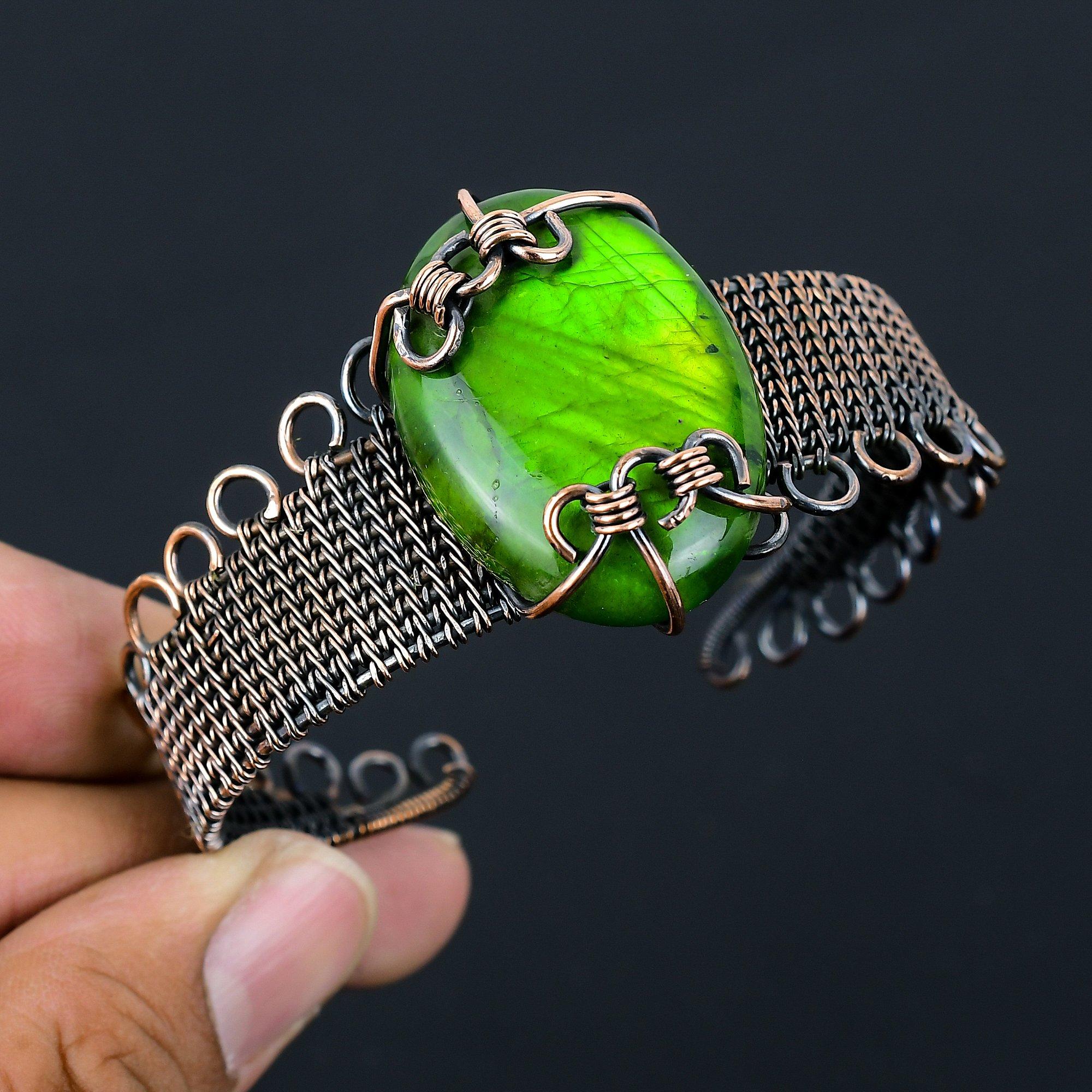 Зеленый флэш-лабрадорит, драгоценный камень, чистая медная проволока, завернутая в манжеты/браслет ручной работы, ювелирные изделия