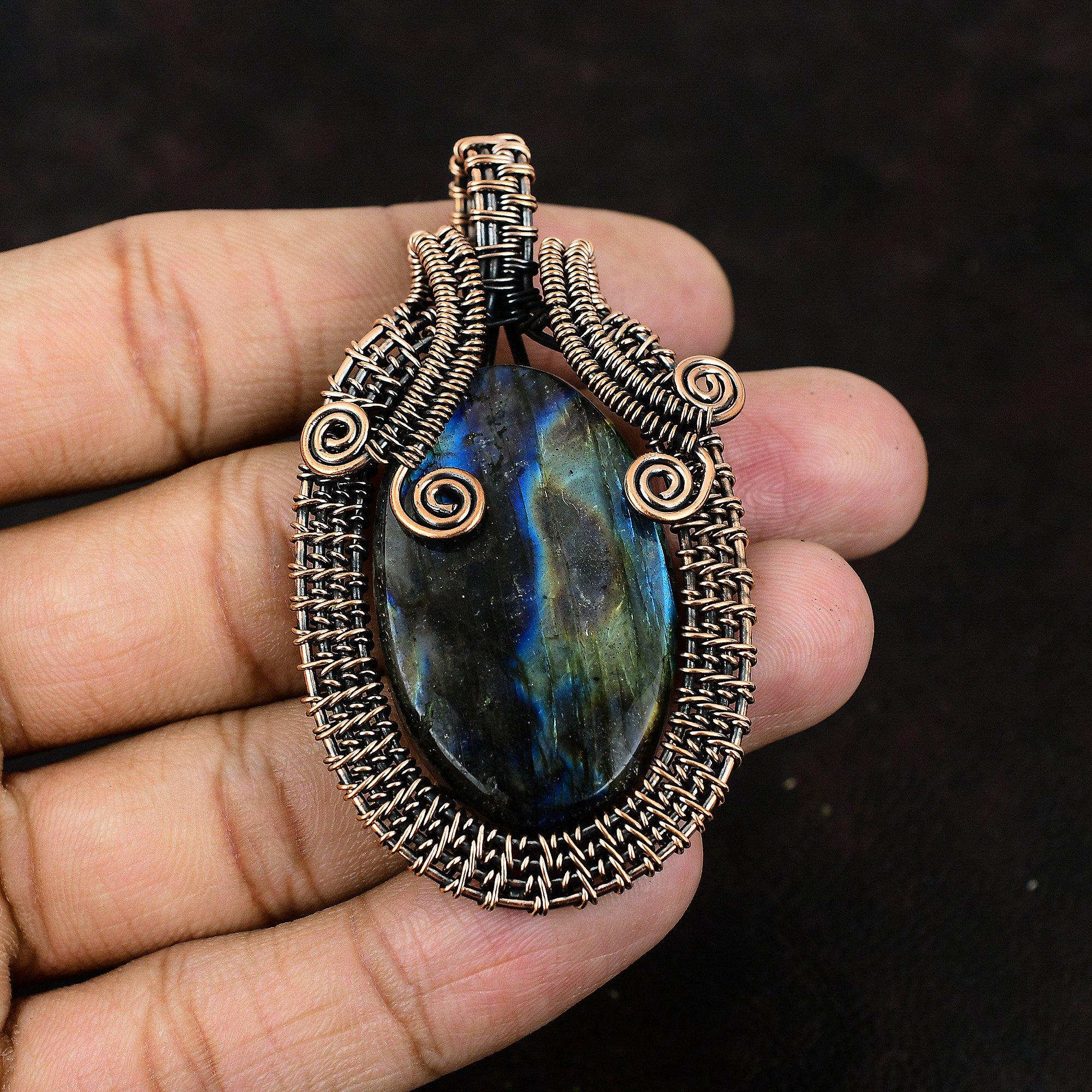 Кулон из лабрадорита и меди, подвеска из медной проволоки с драгоценным камнем, уникальный подарок ручной работы для нее, ювелирные изделия из лабрадорита и меди, свадебный подарок