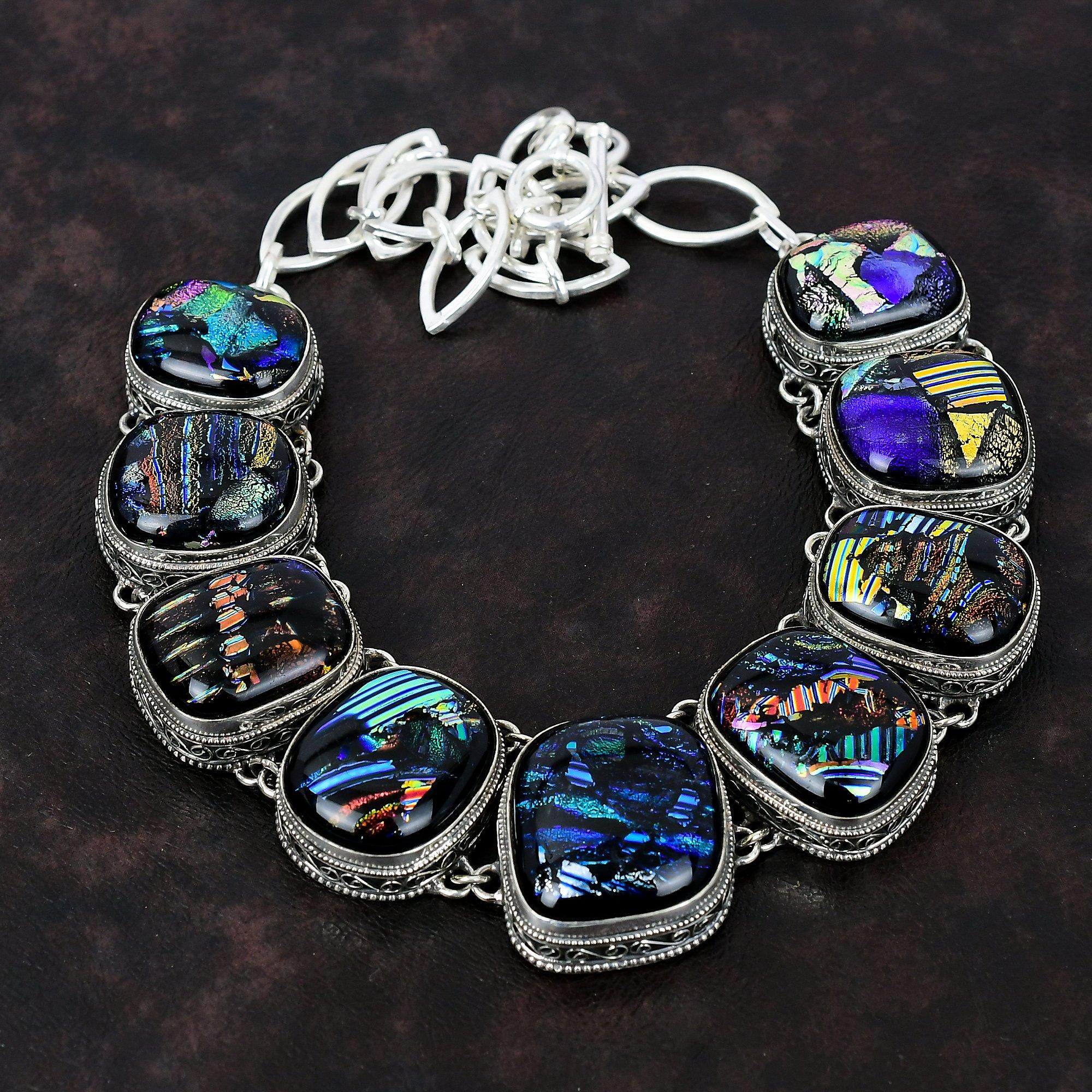 Ожерелье из американского дихроичного стекла, ожерелье ручной работы с драгоценными камнями, ожерелье из стерлингового серебра 925 пробы, регулируемое ожерелье-цепочка, винтажные украшения для подарка