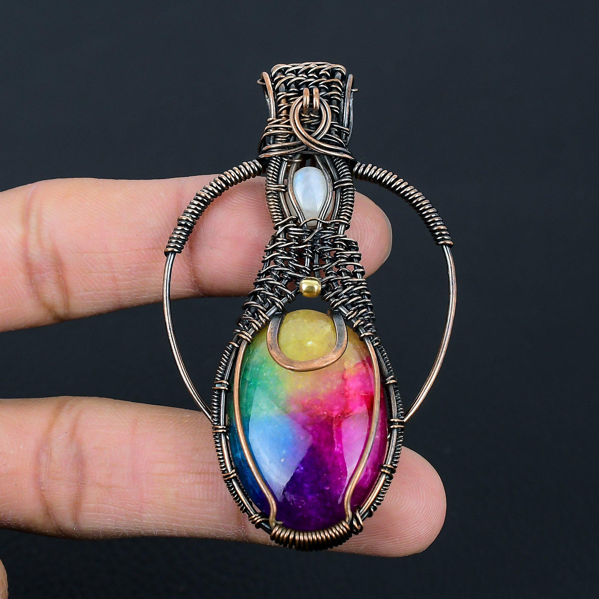 Rainbow Solar Quartz & Moonstone Gemstone Handmade Pure Copper Wire Wrap Jewelry Pendant For Her