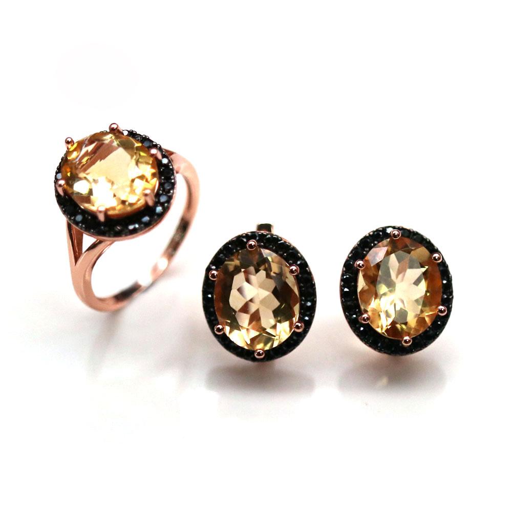 Natural Citrine Gemstone Jewelry Set 925 Sterling Silver Ring Clasp Ring Earring Black Spinel Fine Jewelry for Women Nice Gift