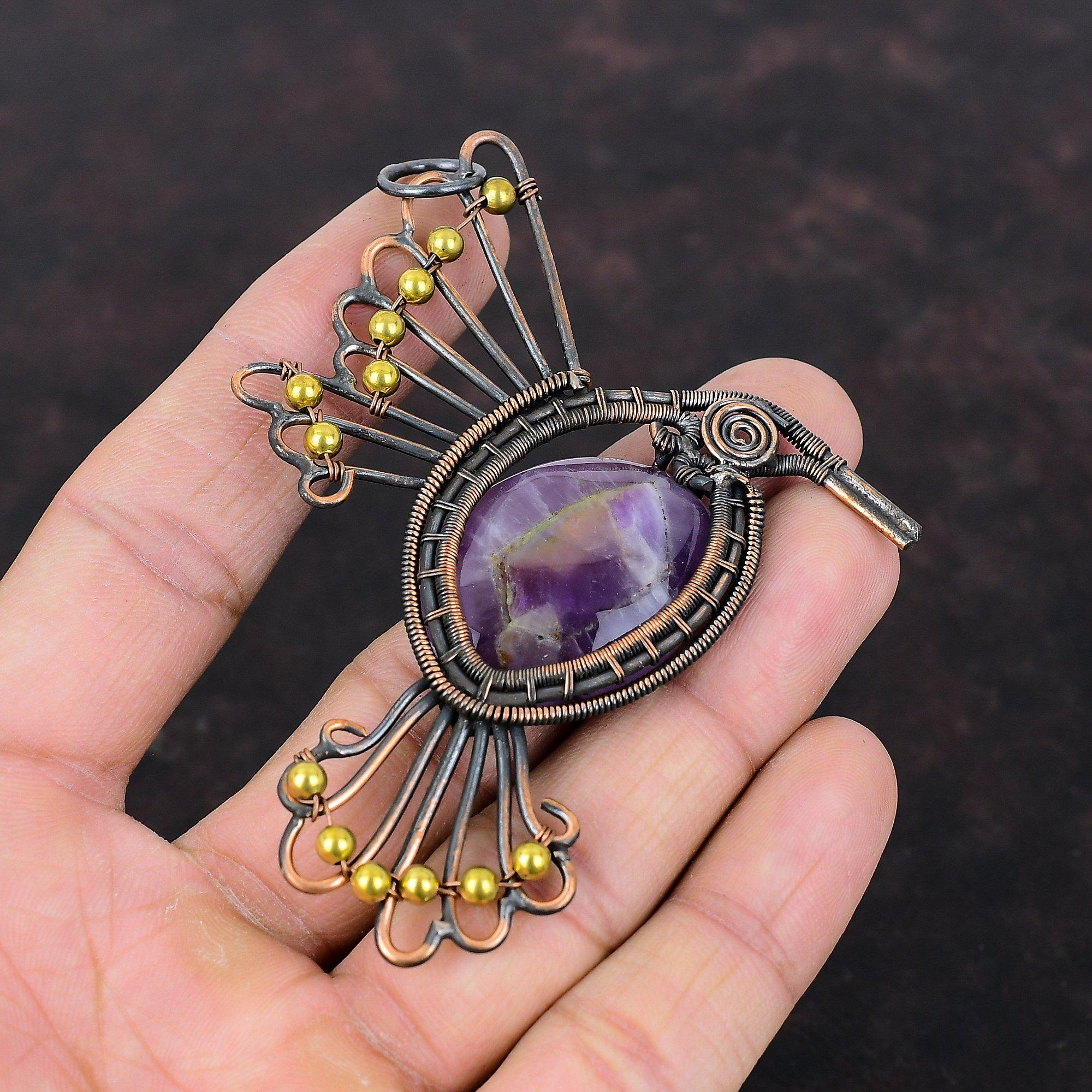 Кулон со звездой и аметистом, кулон в медной проволоке, ювелирные изделия ручной работы, уникальный кулон в виде птицы, удивительные медные украшения, кулон с драгоценным камнем, подарок для жены