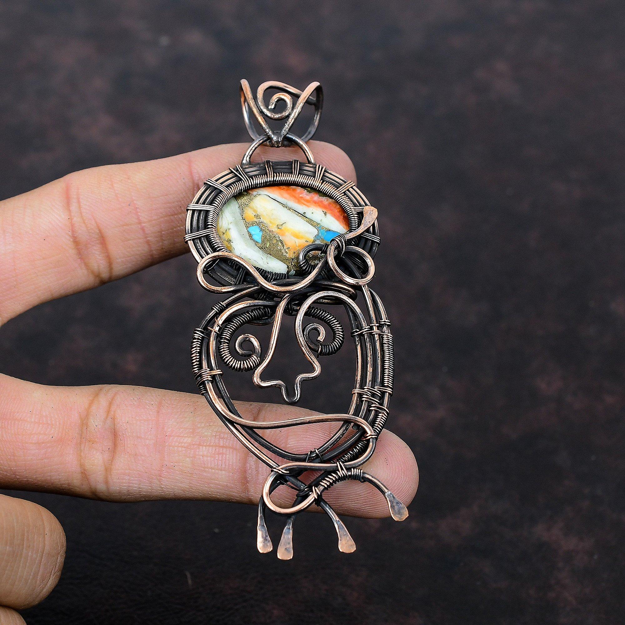 Подвеска из колючей устрицы и медной бирюзы, обернутая медной проволокой, ювелирное изделие из драгоценного камня ручной работы, подвеска с обмоткой проволокой, подвеска из античной меди, подарок для женщин