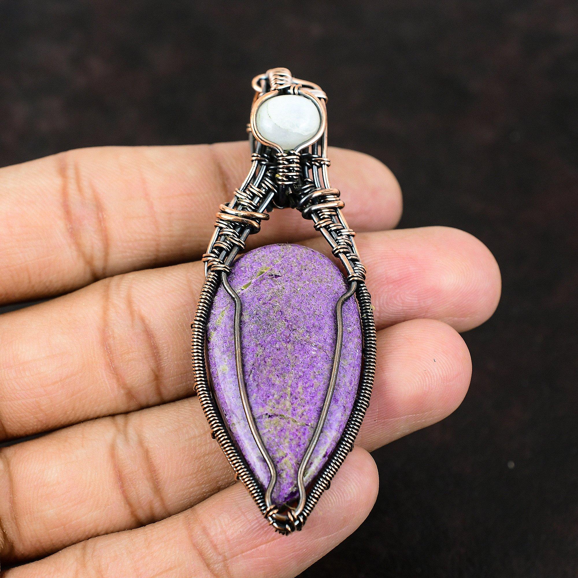 Подвеска из драгоценного камня пурпурит, подвеска из медной проволоки, подвеска ручной работы, радужный лунный камень, медные украшения, подарок для матери, ювелирные изделия из пурпурита