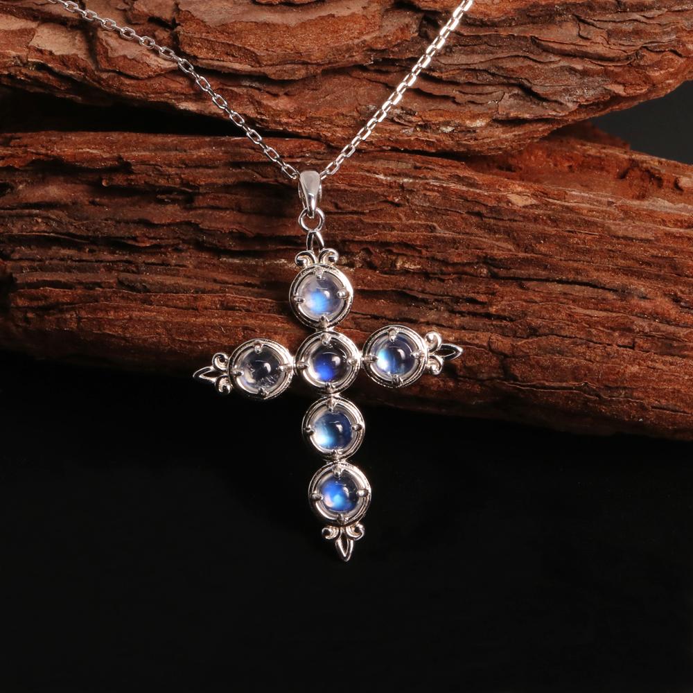 Классическое элегантное ожерелье с подвеской-крестом из натурального синего лунного камня, серебро 925 пробы, ювелирные изделия, женская повседневная одежда, подарок