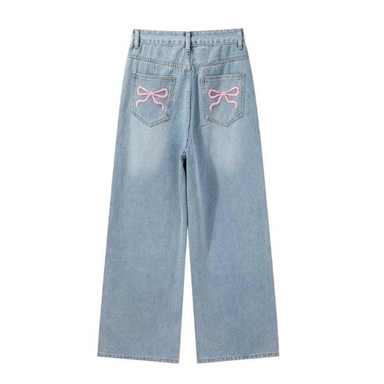 Bow Embroidered Wide Leg Jeans for Women Spring Autumn Large Size Clothing Denim Straight Trousers High Waist Streetwear