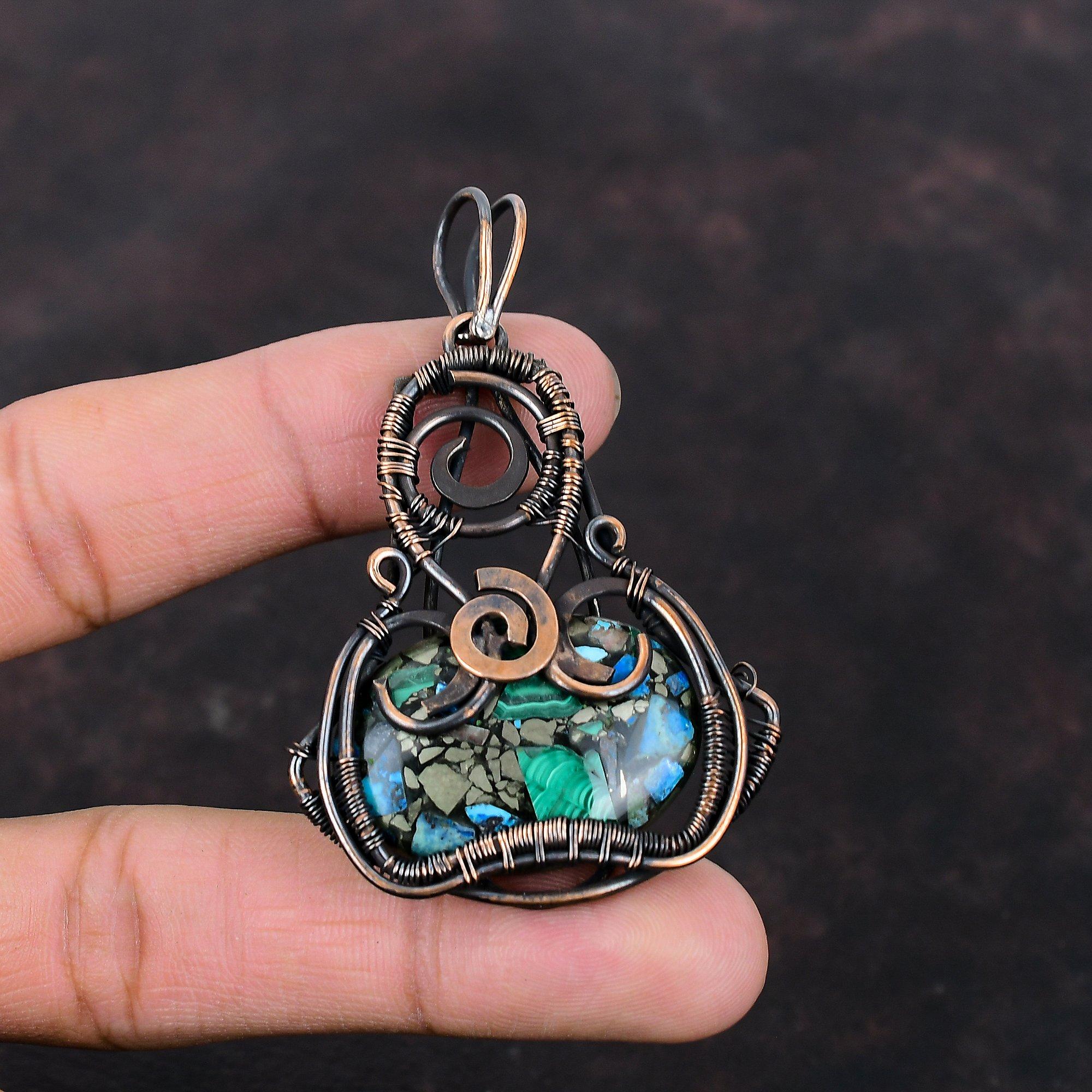 Медный Кулон Азурит Малахит Кулон Обмотан Медной Проволокой Ювелирное Изделие из Драгоценного Камня Высшего Качества Подарок для Нее Кулон Ручной Работы Ювелирное Изделие из Медной Проволоки