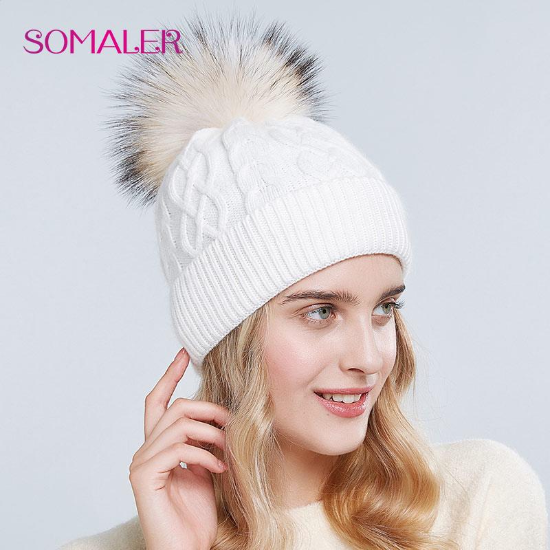 SOMALER Womens Winter Warm Knitted Hats with Fur Pompom Soft Angora Wool Cuff Twist Dome Beanie Female Solid Color Skull Cap