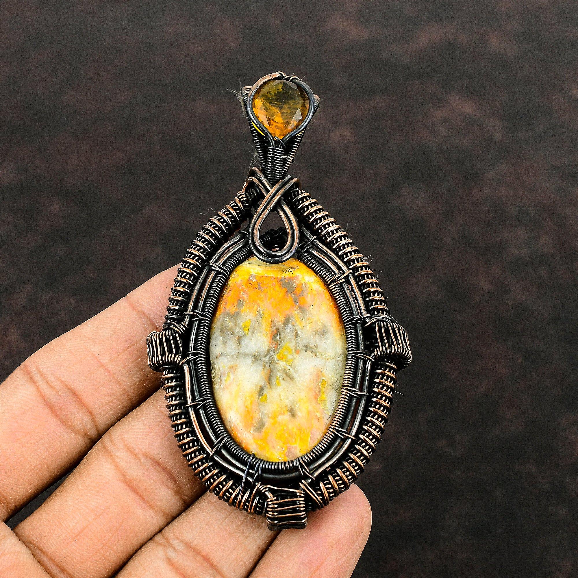 Подвеска из яшмы в виде шмеля, медная проволока, кулон, ювелирные изделия из натурального драгоценного камня, кулон с цитрином, кулон ручной работы, медный ювелирный подарок для нее