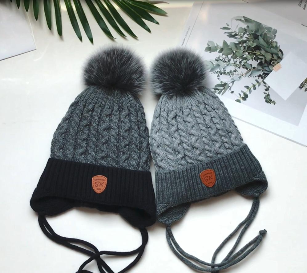SOMALER Winter Baby Hat Real Fox Fur Pom Hat Knitted Boy Cap Cotton Earmuff Hat WarmThick Kid Beanie