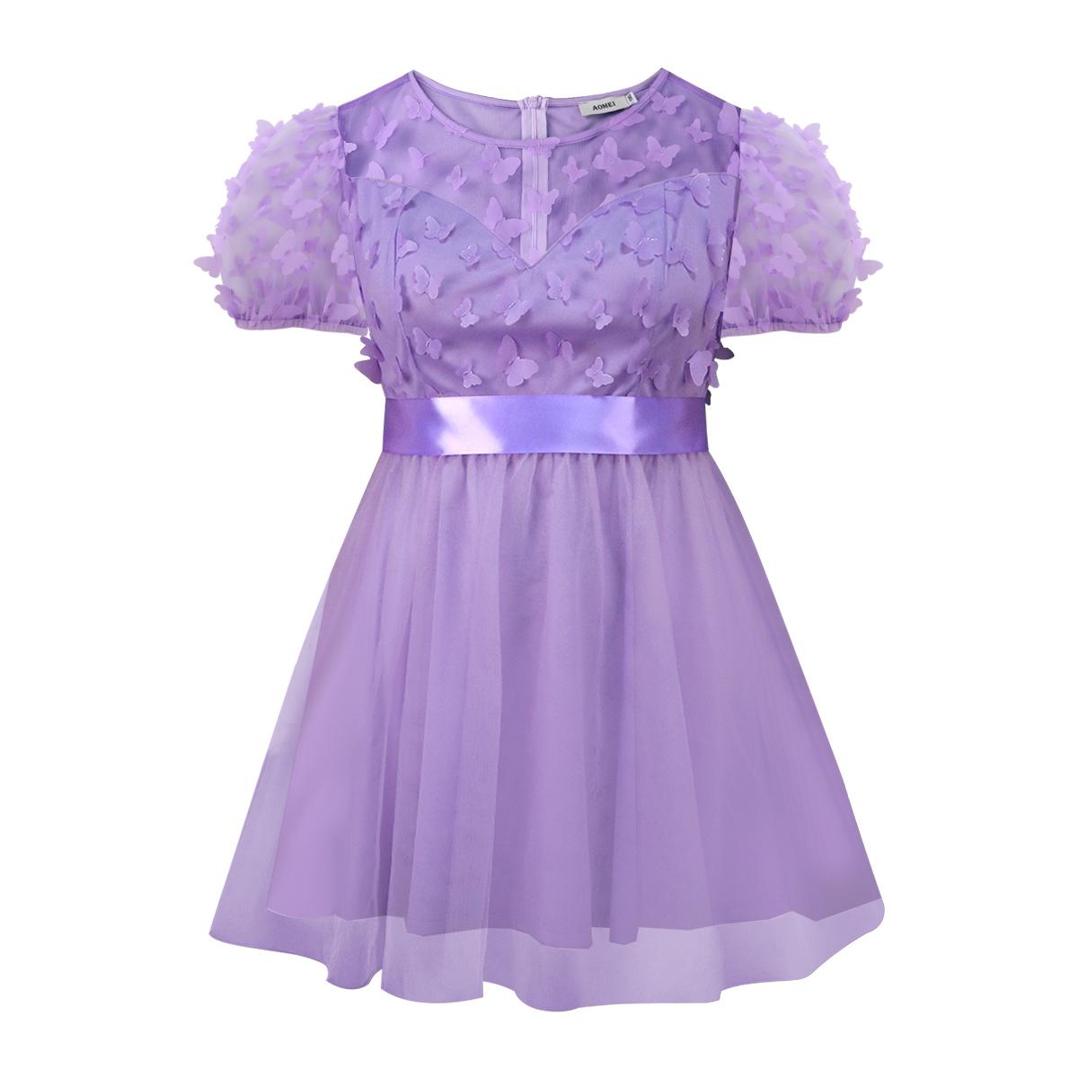 AOMEI Lavender Butterfly Dresses for Women O Neck Short Puff Sleeve Lovely Birthday Party Ball Gowns