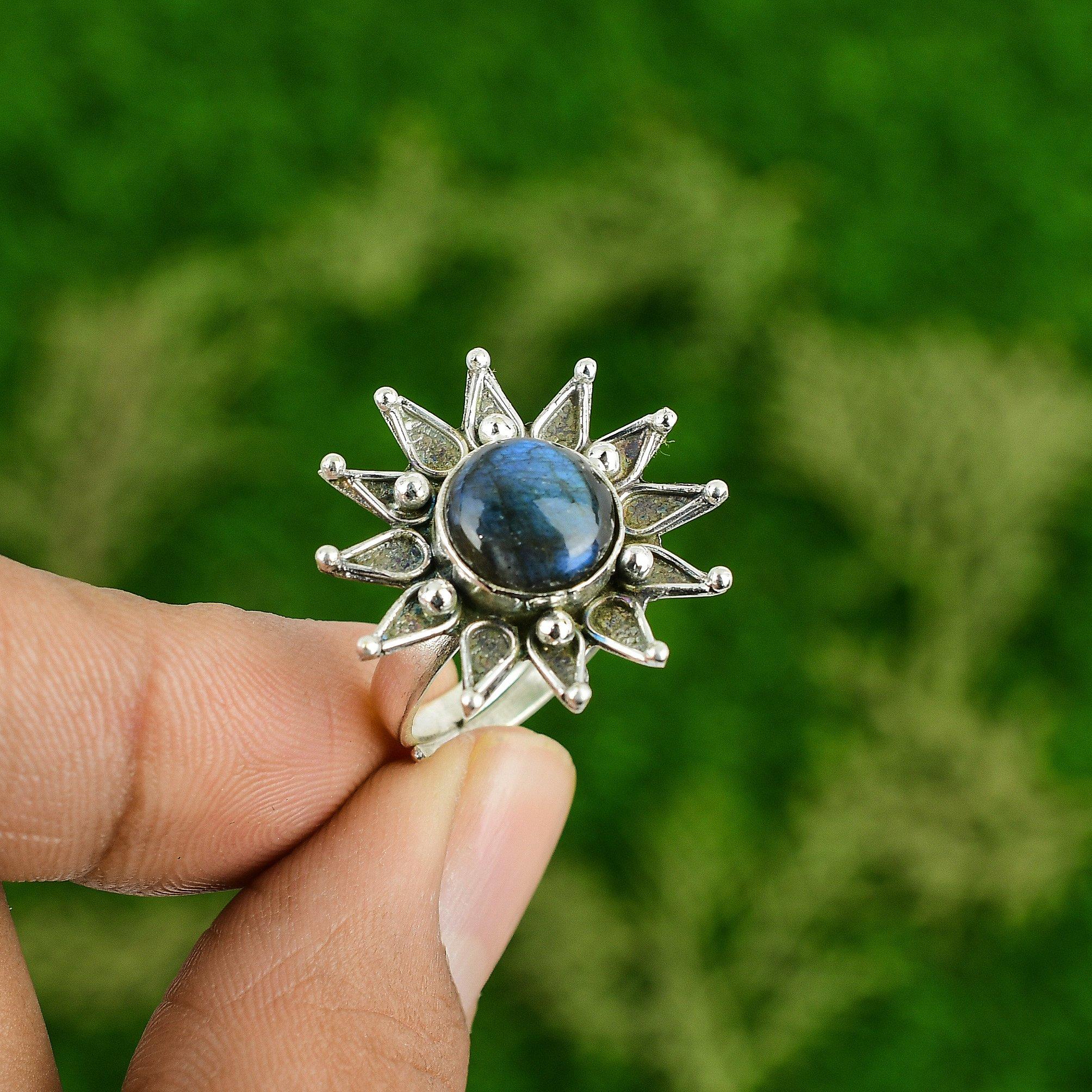 Gift For Her 925 Silver Natural Labradorite Promise Flower Adjustable Ring