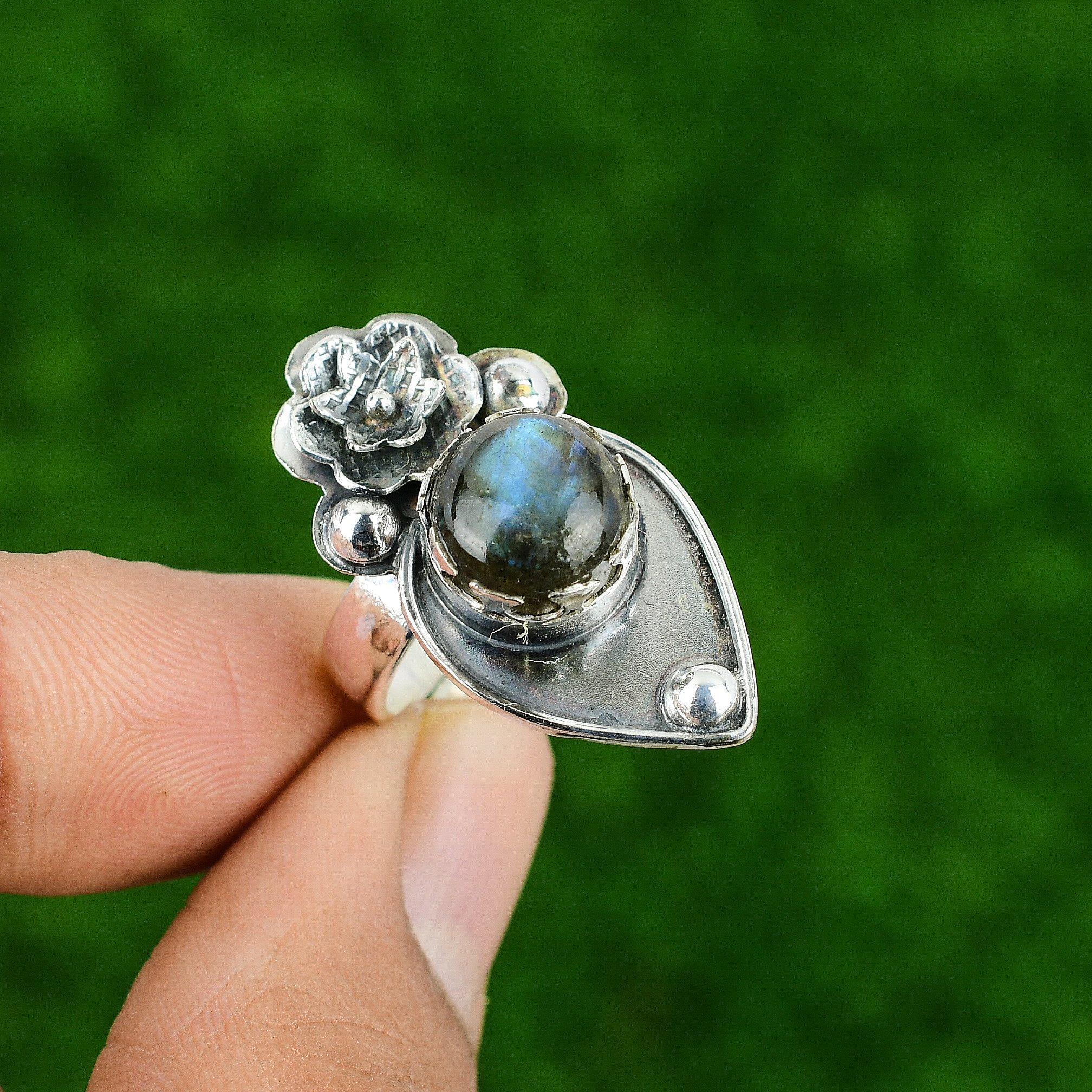 Gift For Her Natural Labradorite Statement Flower Adjustable Ring 925 Silver