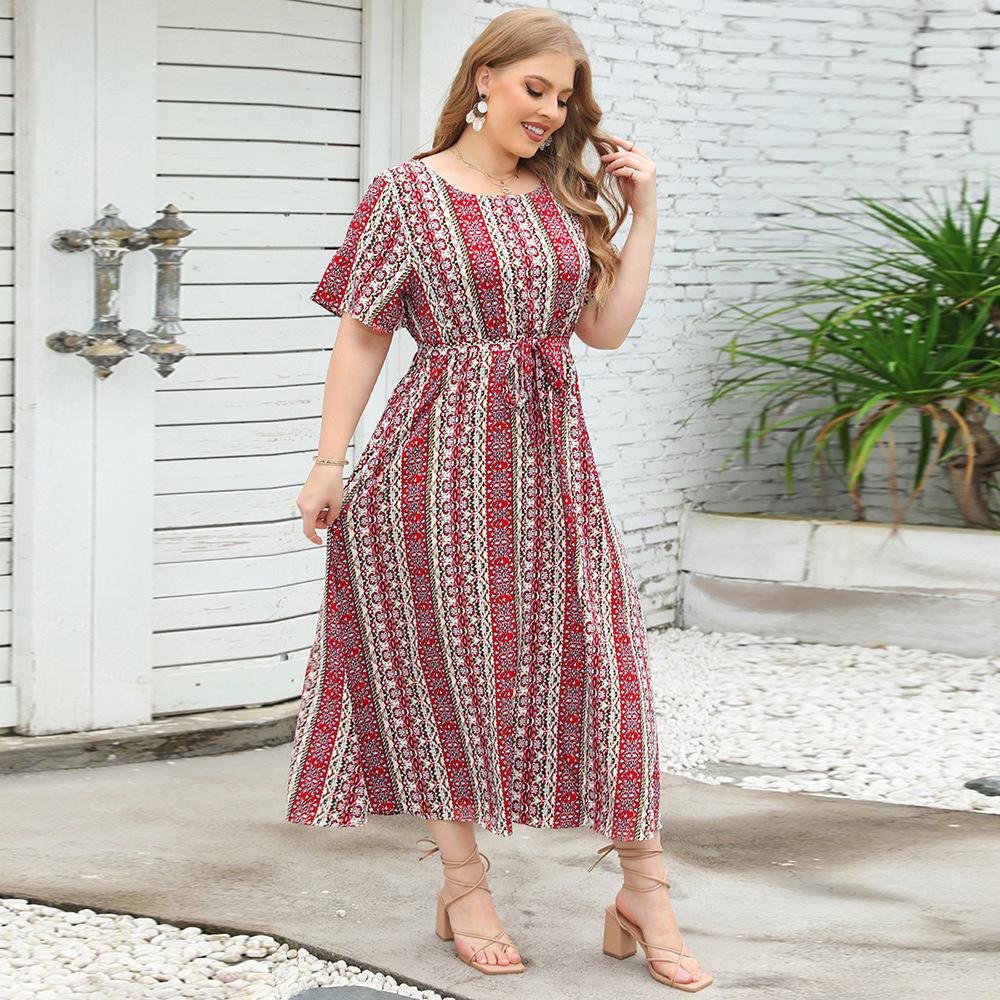 Summer Women's Dress Large Size Ethnic Style Striped Print Round Neck Short-sleeved Dress