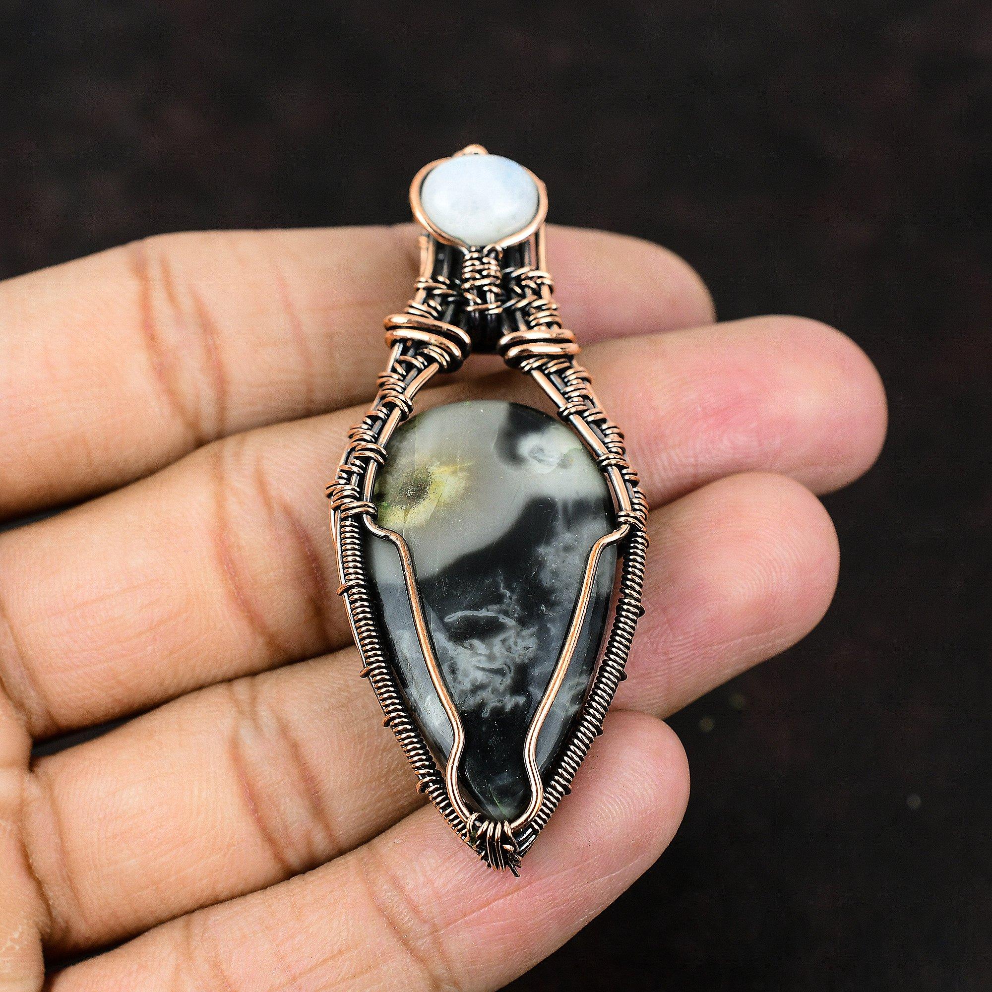 Кулон из яшмы Пикассо, обернутый медной проволокой, Драгоценный камень, Медный кулон, Кулон ручной работы, Украшения из радужного лунного камня, Подарок для мамы, Подарок для нее