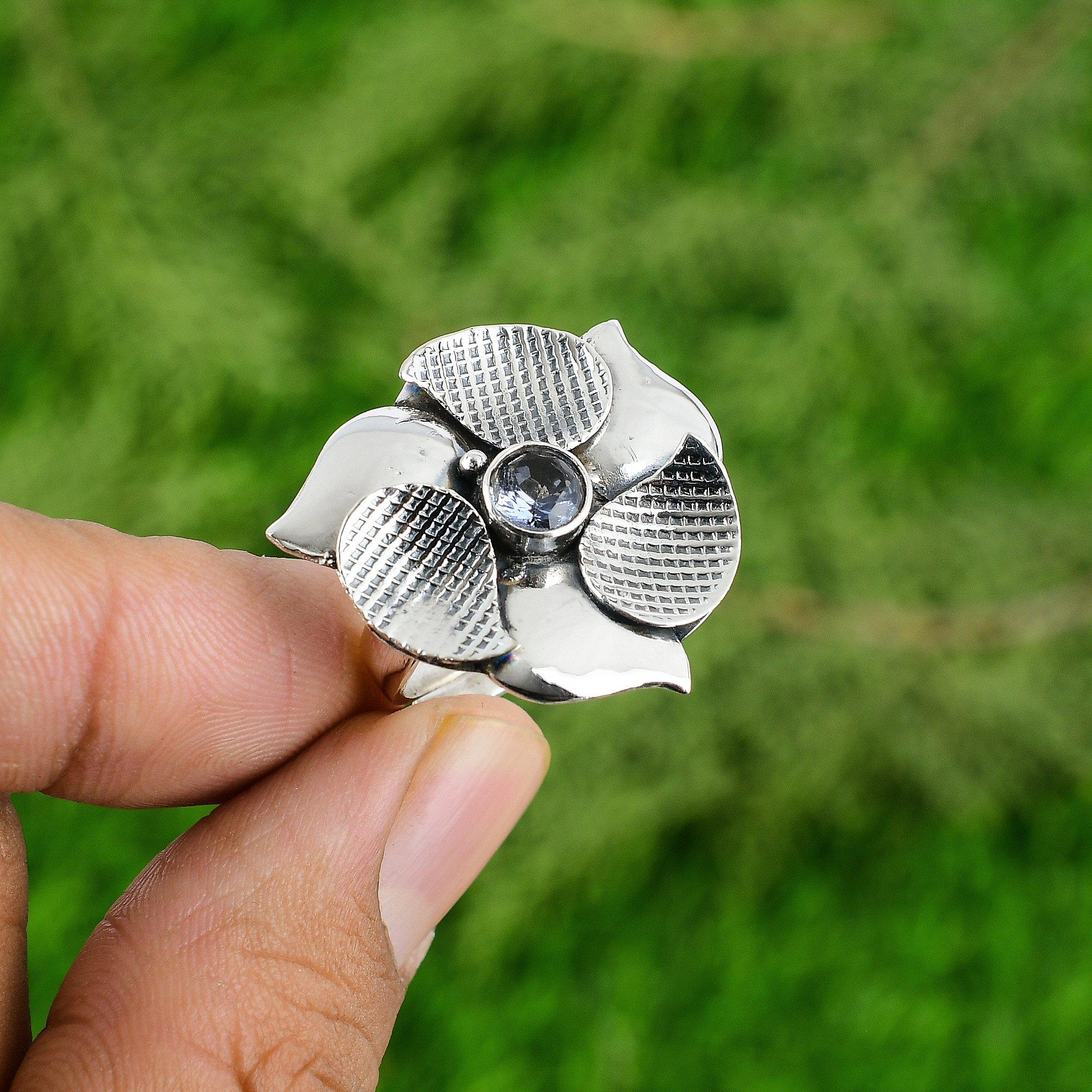 925 Silver Natural Tanzanite Quartz Handcrafted Flower Promise Statement Ring