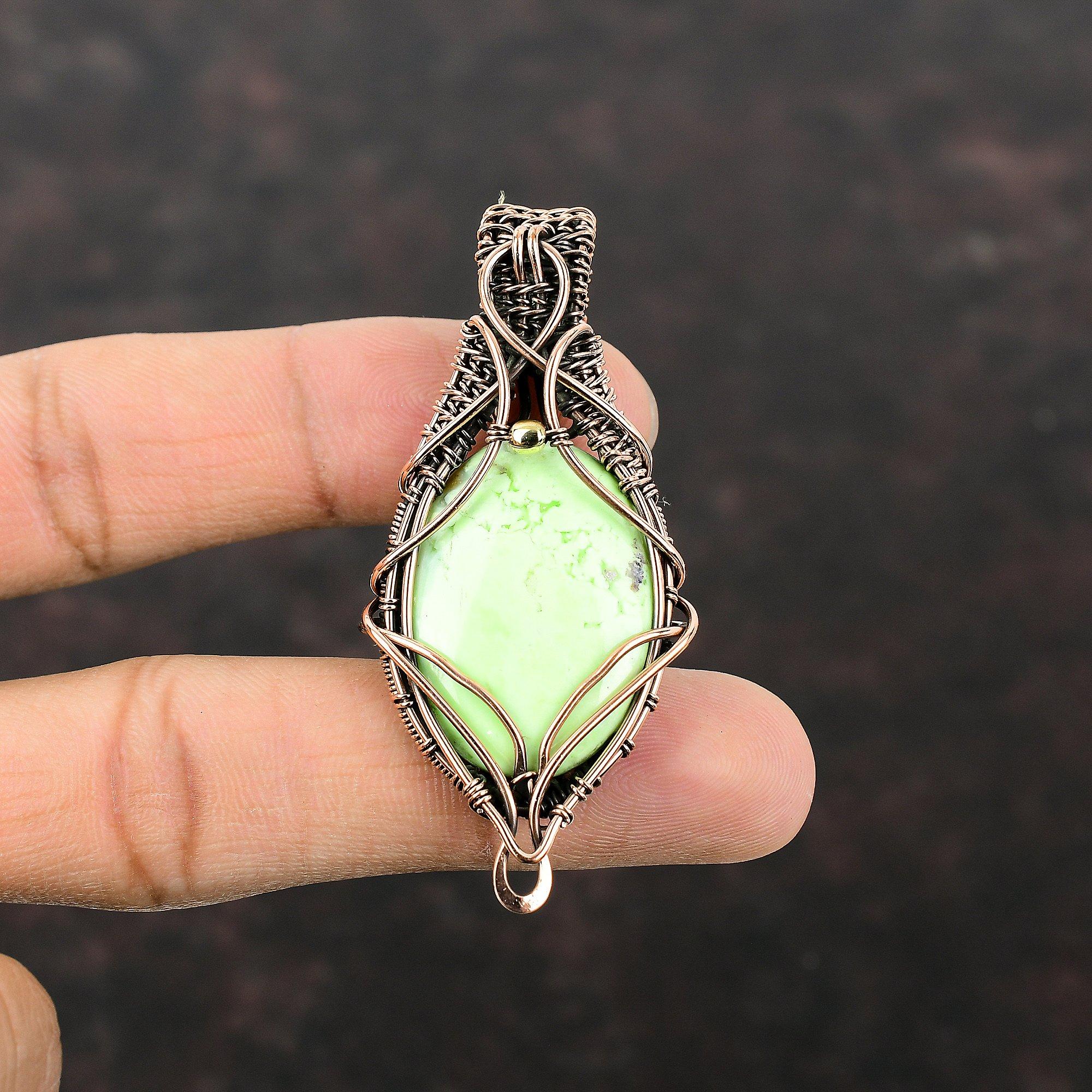 Подвеска из лимонного хризопраза, медная проволочная обертка, драгоценный камень, медные украшения, стильная подвеска, проволочная обертка, ручная работа, кулон для подарка