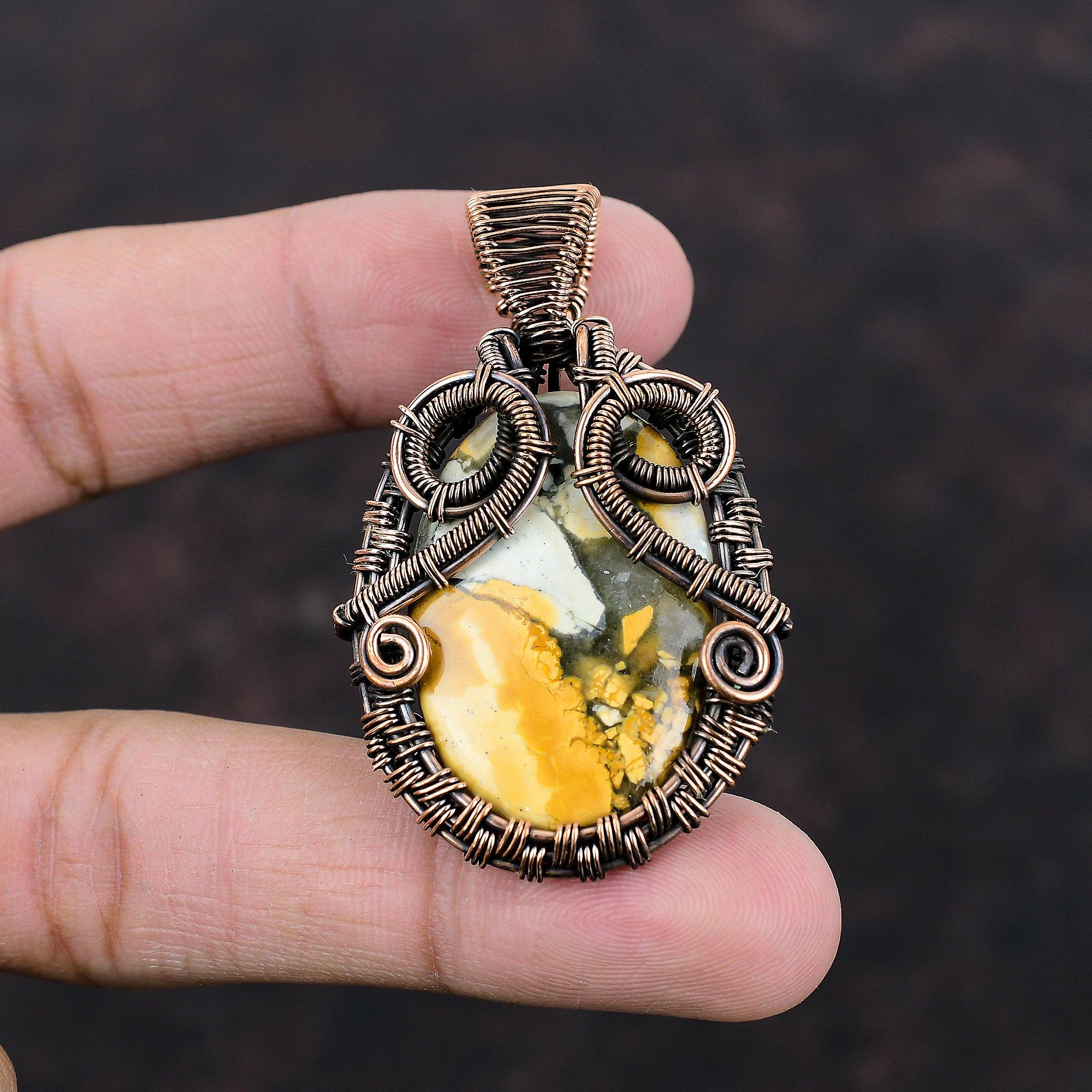 Подвеска из яшмы Малигано Кулон из медной проволоки Кулон из натурального драгоценного камня Красивые медные украшения Дизайнерский кулон ручной работы Подарок для него