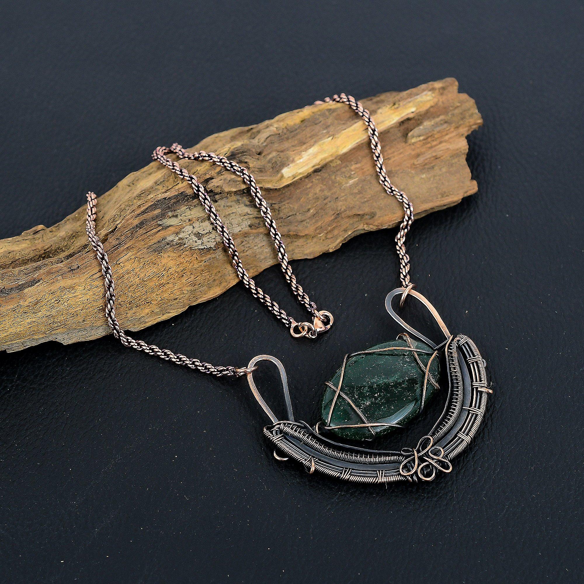 Великолепный зеленый нефритовый драгоценный камень ручной работы из медной проволоки, ювелирные изделия, красивое ожерелье для женщин