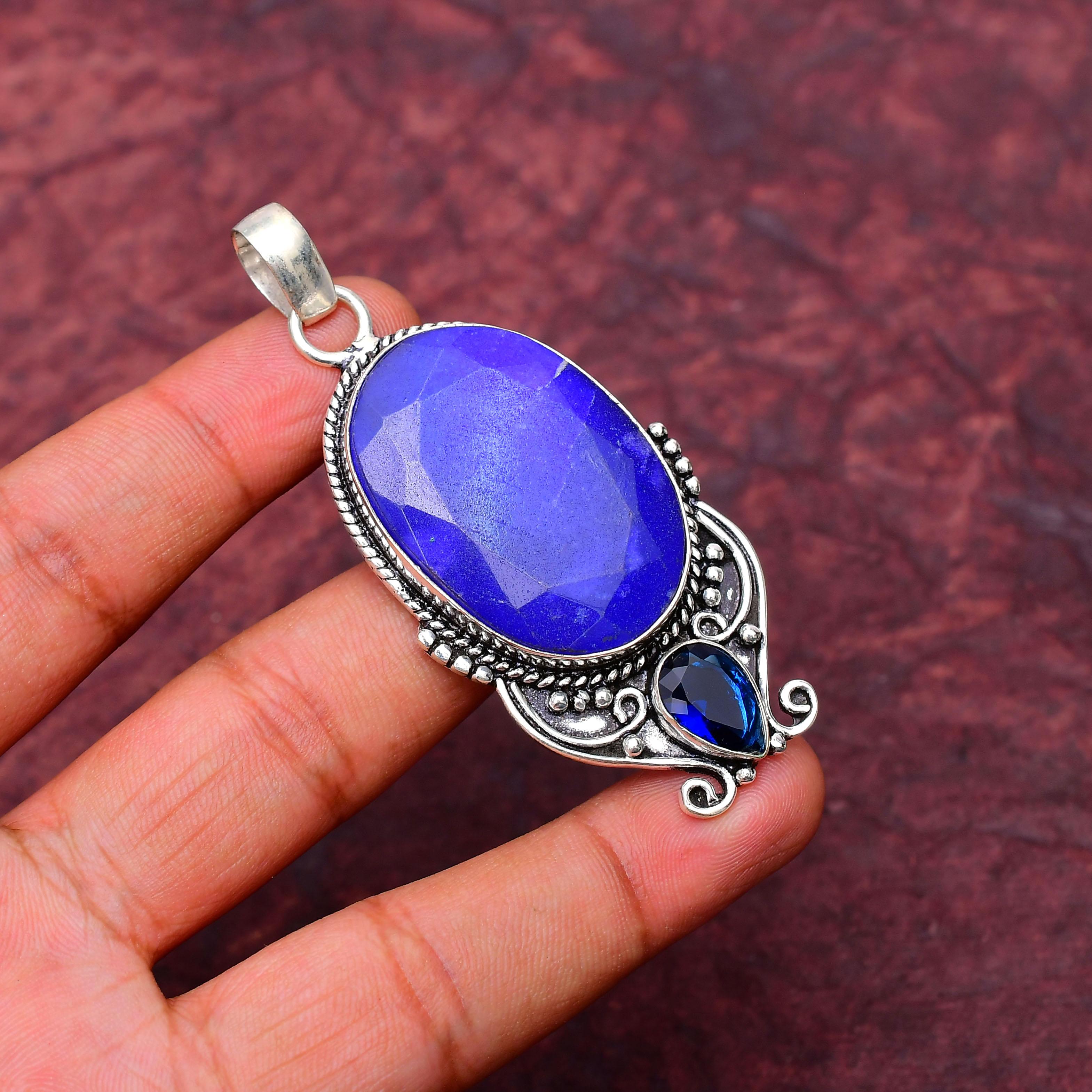 Blue Sapphire Gemstone Pendant : 925 Sterling Silver Handmade Jewelry Pendant