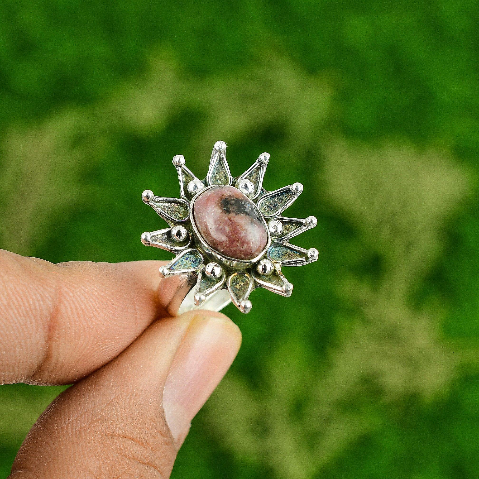 Natural Rhodonite Gemstone Stackable Flower Pink Adjustable Ring 925 Silver