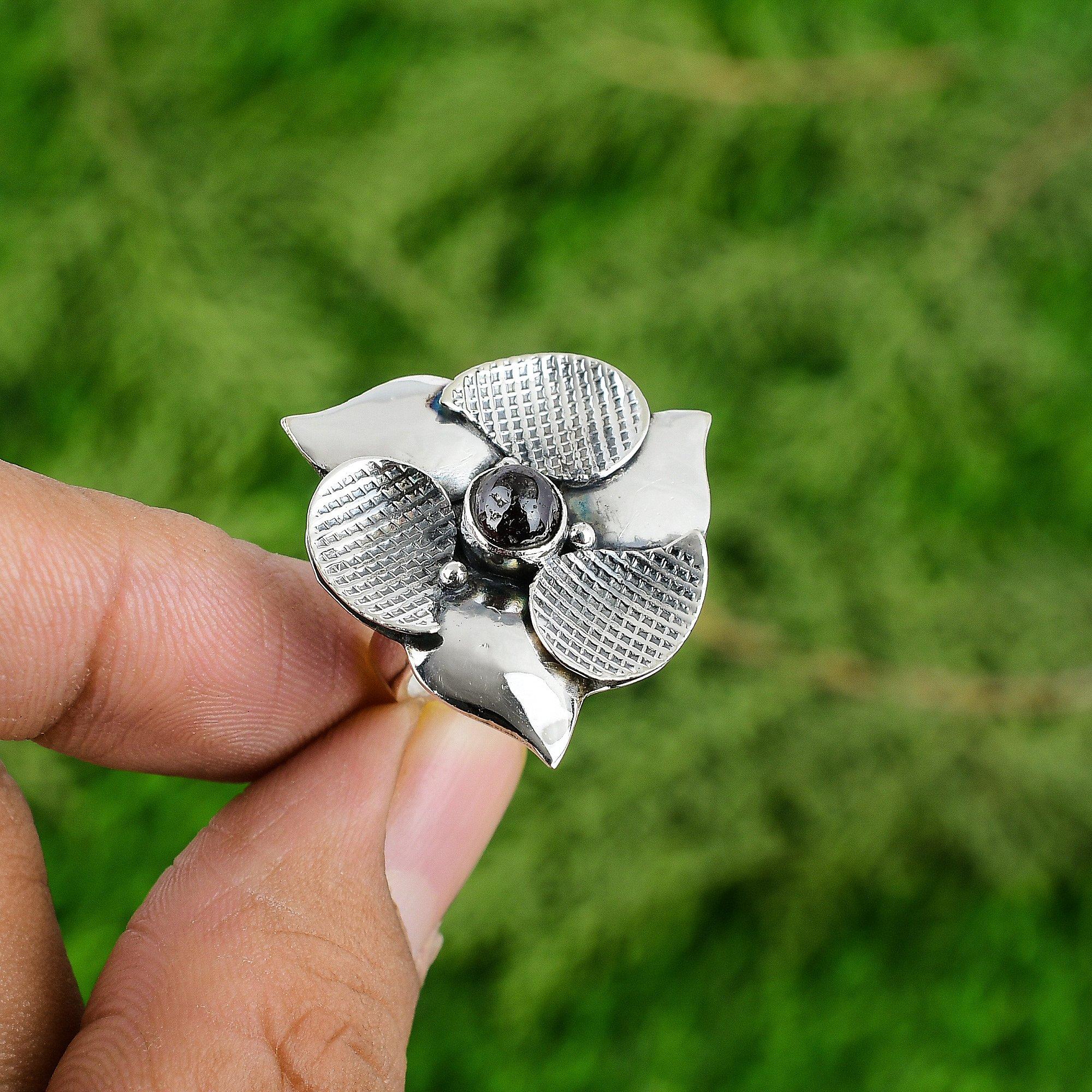 Natural Tourmaline Gemstone 925 Silver Promise Flower Adjustable Ring For Girls