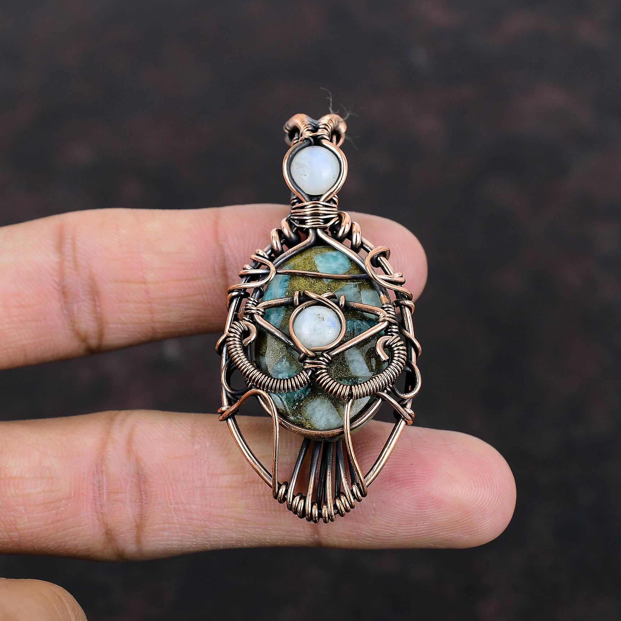 Медный кулон с амазонитом от сглаза, медная проволока, кулон с драгоценным камнем, изысканные ювелирные изделия ручной работы, подвеска с радужным лунным камнем, ювелирные изделия из медной проволоки