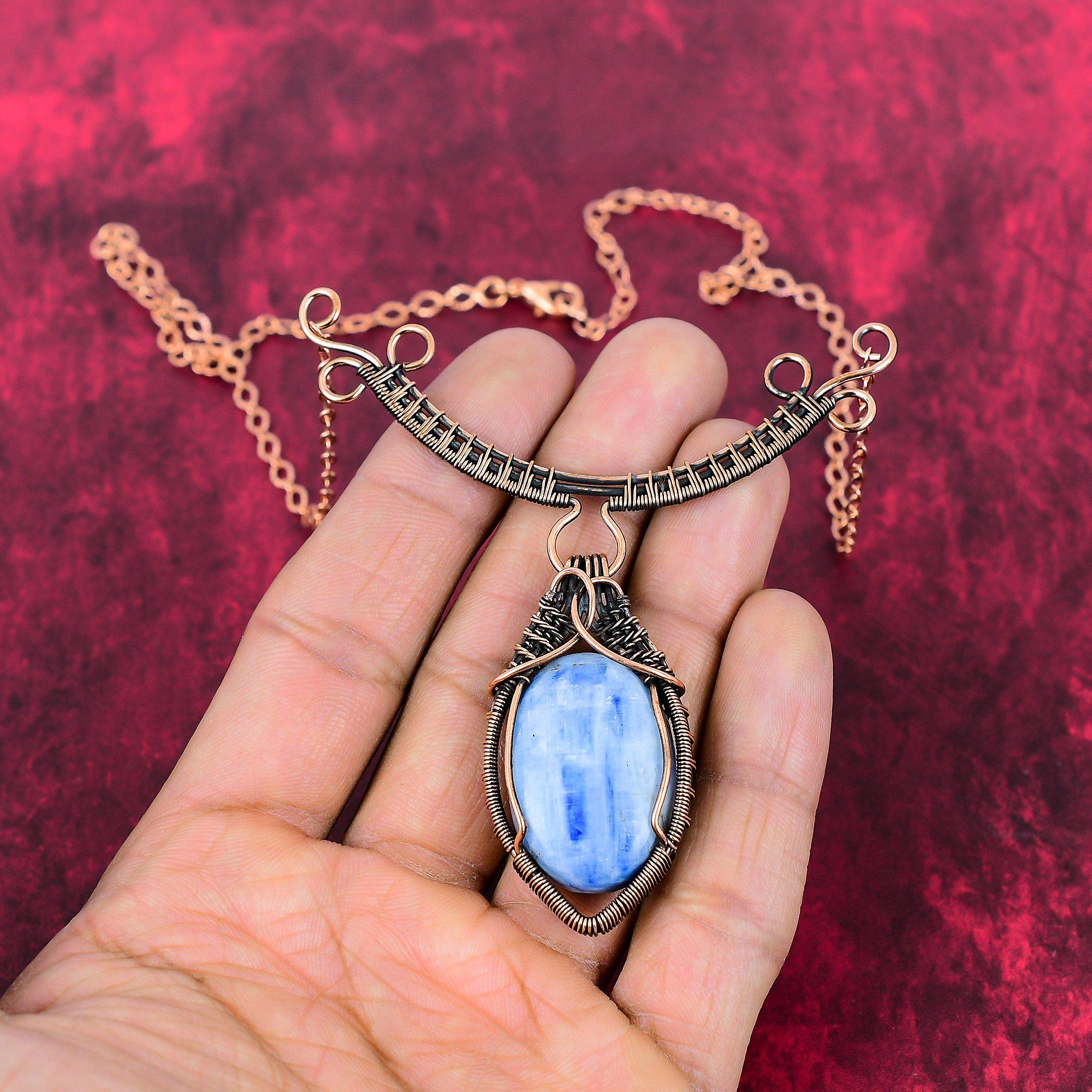 Kyanite Necklace Copper Wire Wrapped Adjustable Chain Necklace Copper Jewelry Handmade Necklace Wire Wrap Gemstone Jewelry Gifts For Mother
