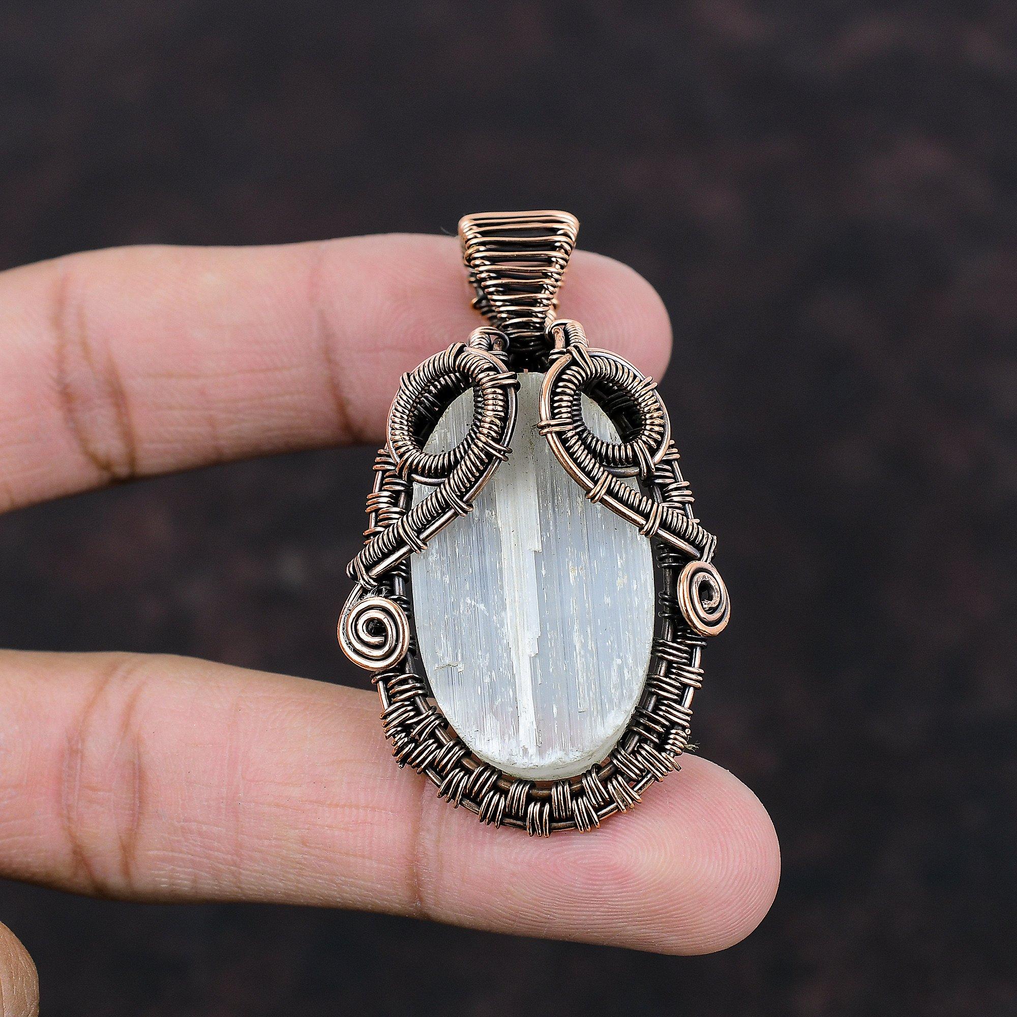 Кулон с селенитом-друзи, медная проволока, обернутая драгоценным камнем, кулон с селенитом, друзы, ювелирные изделия, кулон ручной работы, подарок для нее, ювелирные изделия, обернутые медной проволокой