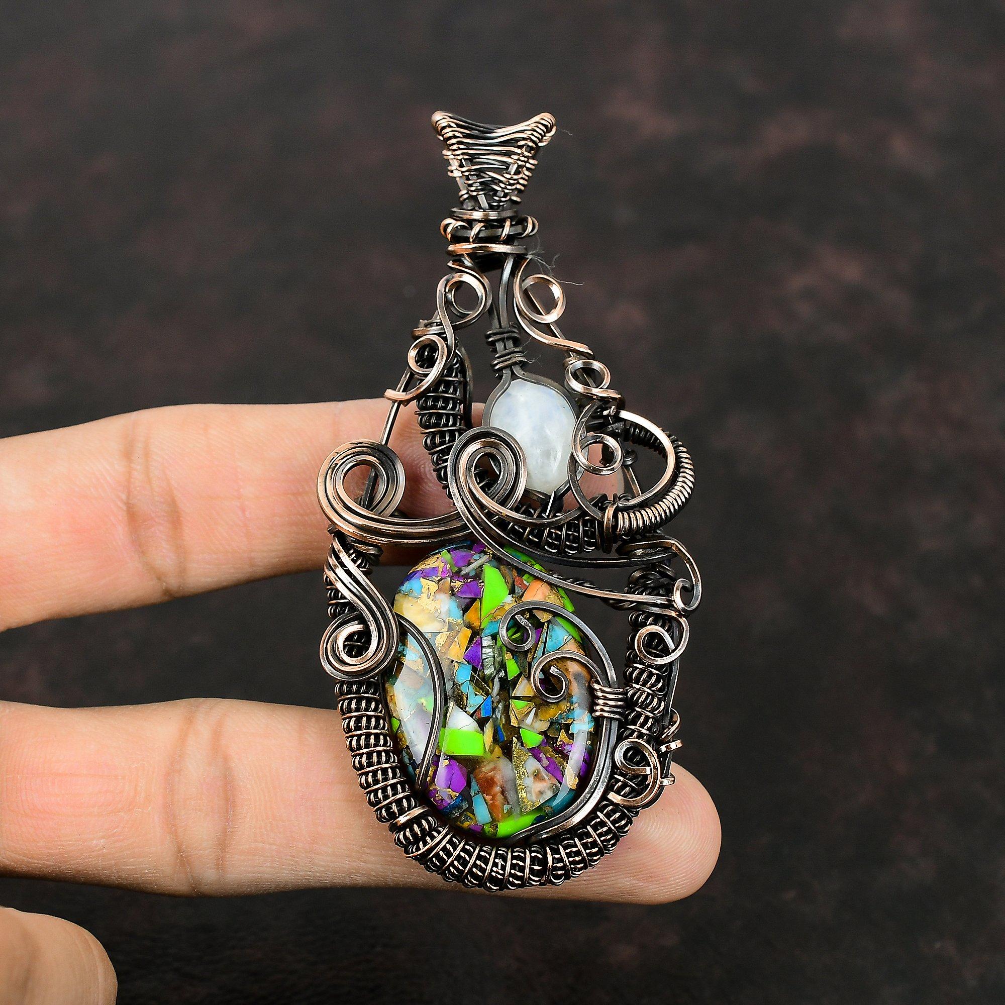 Fiesta Kingman бирюзовый кулон с медной проволокой, обернутый драгоценным камнем, многоцветный медный бирюзовый кулон, радужный лунный камень, ювелирное украшение в подарок для нее