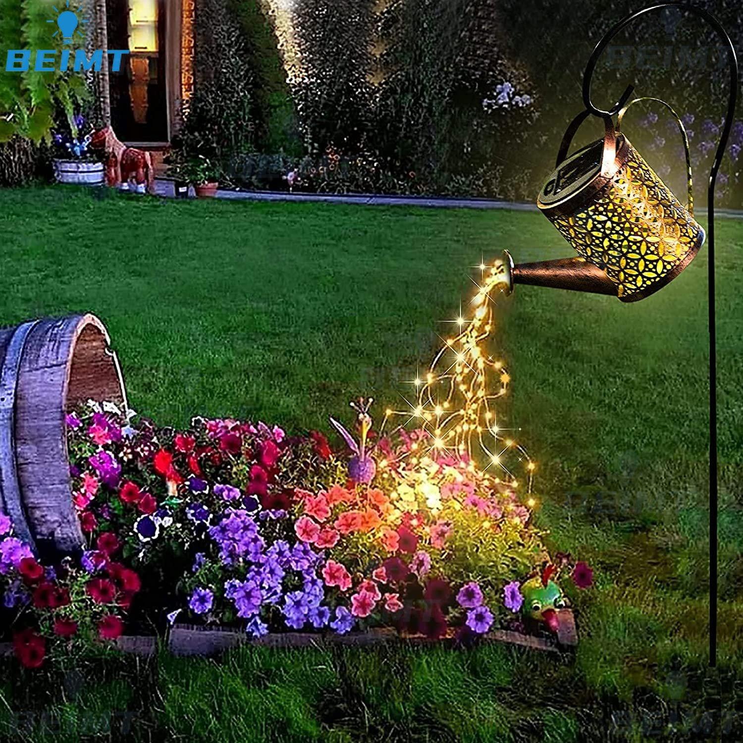 Solar Powered Hollow Out Courtyard Lamp, Iron Art Water Kettle Flower Shower Water Flow Landscape Lamp Outdoor Decoration Waterproof Floor Plug Lamp