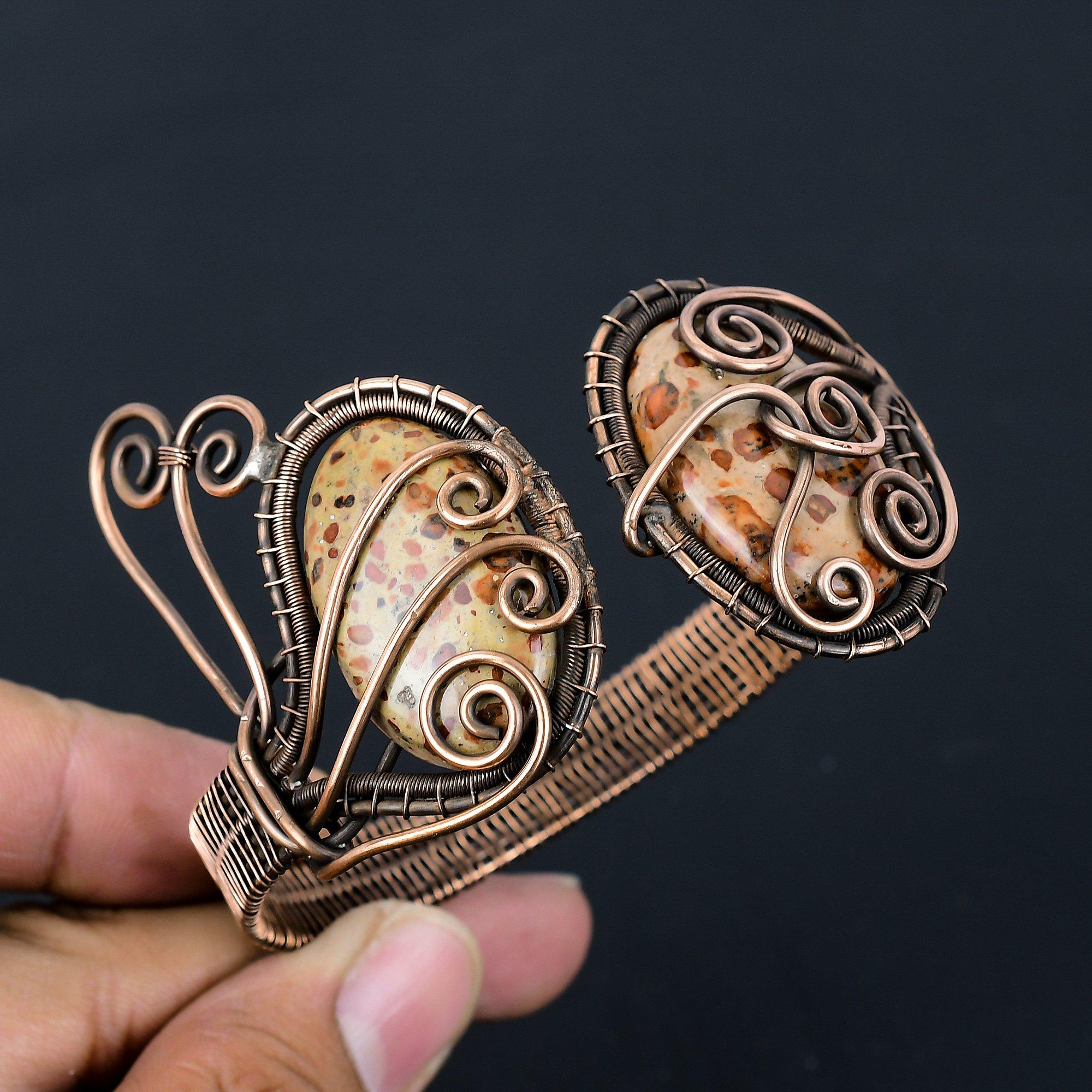 Леопардовый яшмар, драгоценный камень, чистая медная проволока, завернутая в манжеты/браслет ручной работы, ювелирные изделия