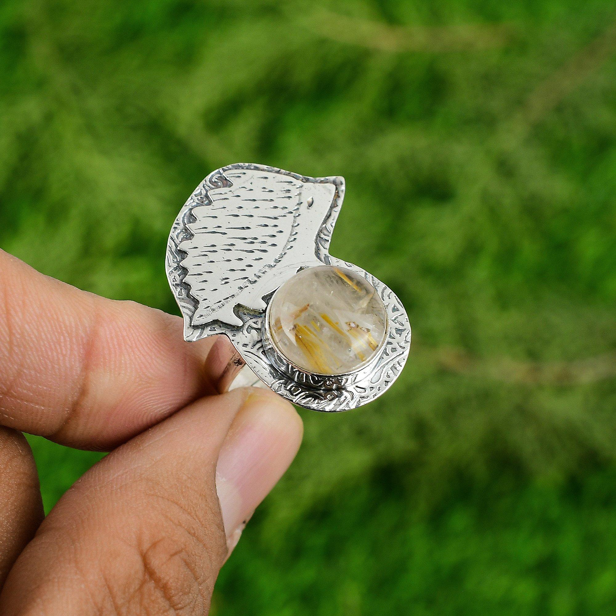 Thanks Giving Day Sale 925 Silver Golden Rutile Stone Sister Birthday Bezel Ring