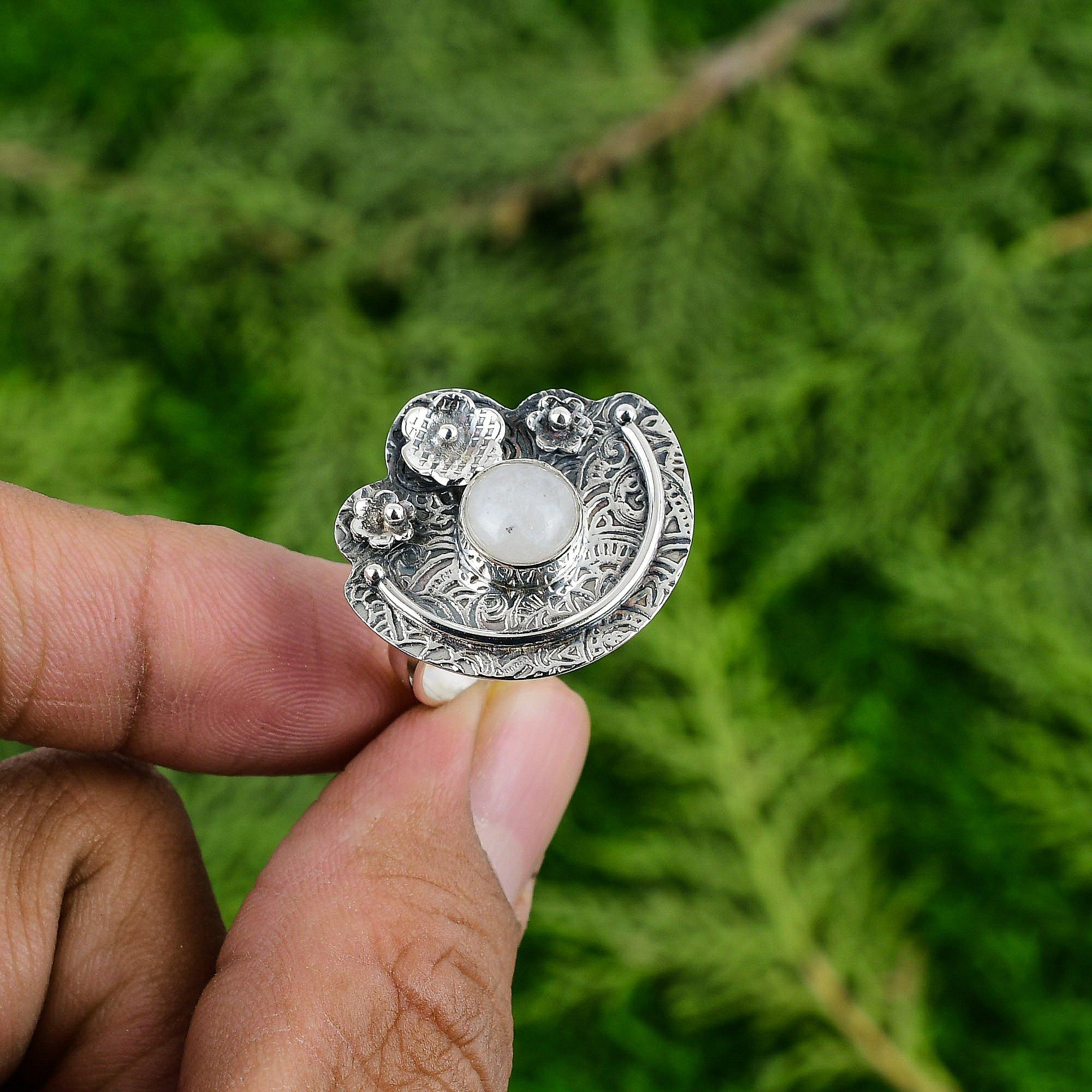 Natural Rainbow Moonstone Solitaire Flower Adjustable Ring 925 Silver