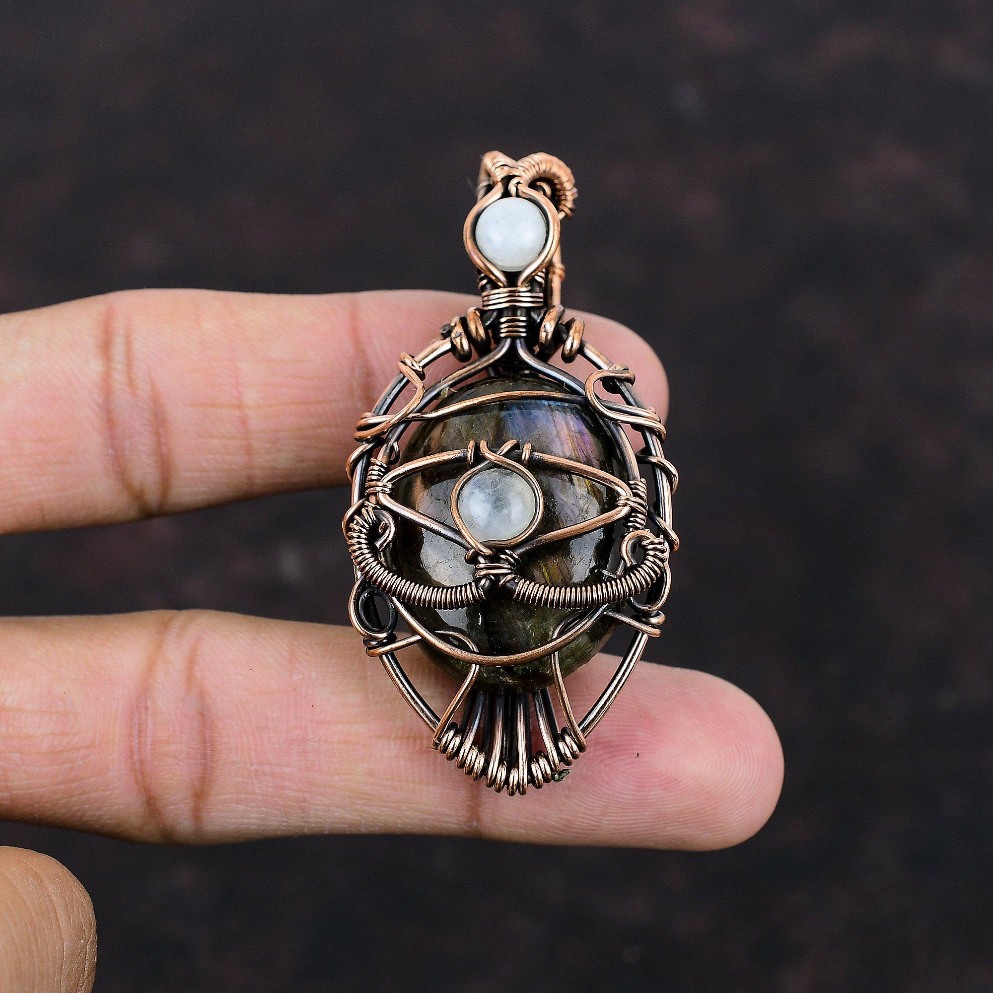 Подвеска из лабрадорита от сглаза, подвеска из медной проволоки, ручная работа, радужное украшение из лунного камня, подвеска из драгоценного камня, медное украшение, подарок на годовщину