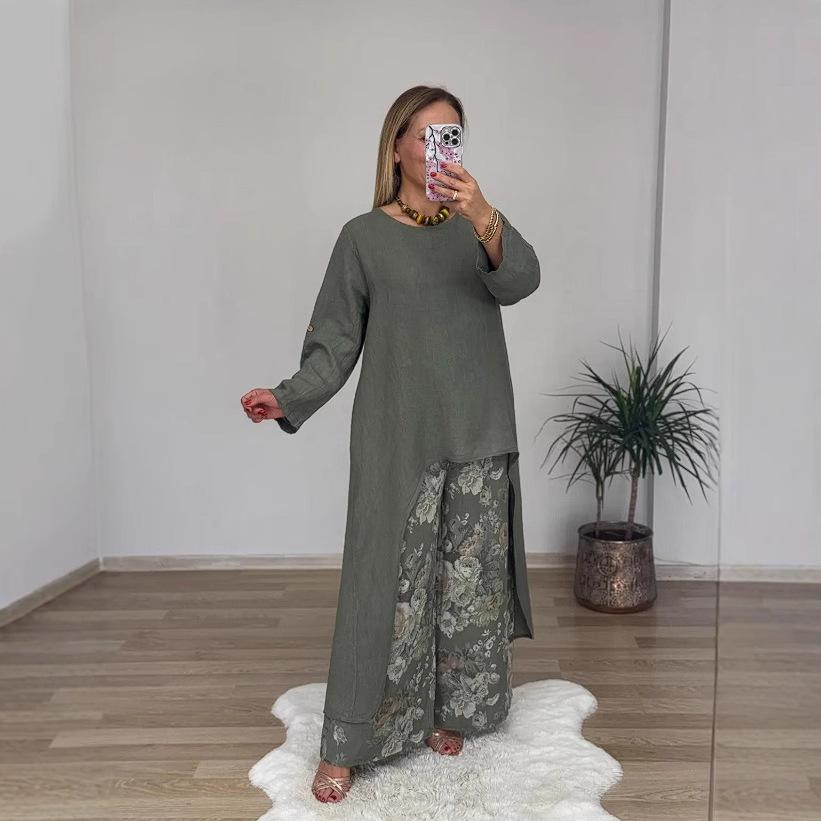 Women's Set Casual Cotton and Linen Irregular Top Printed Wide-leg Belt Pocket Set