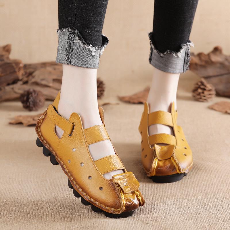 Summer Retro Handmade Genuine Leather Women Shoes Soft Flat Shoes Hollow Casual Women Sandals