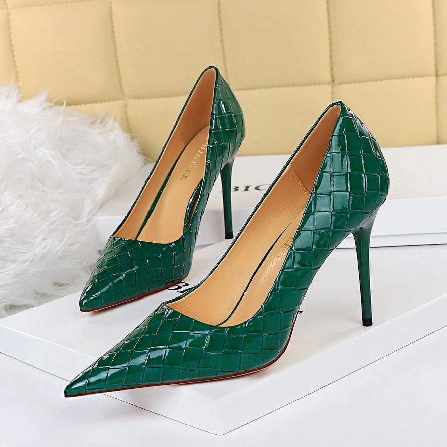 Bigtree Глянцевая лакированная кожа, плетеный тонкий каблук, очень высокий каблук 9,5 см, пикантные женские туфли на высоком каблуке с острым носком и неглубоким ртом